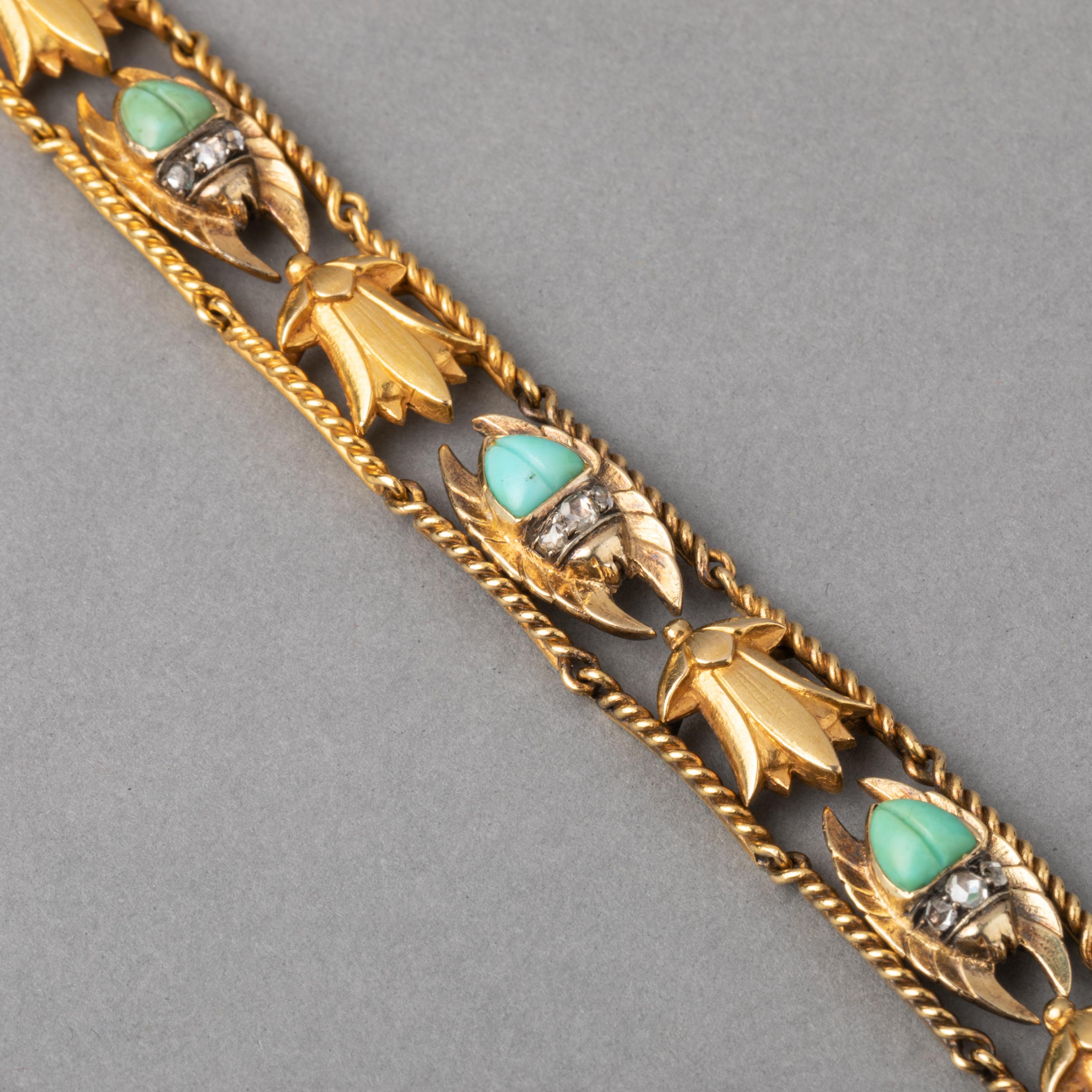 Gold and Turquoises Antique French Egyptian Revival Bracelet For Sale 3
