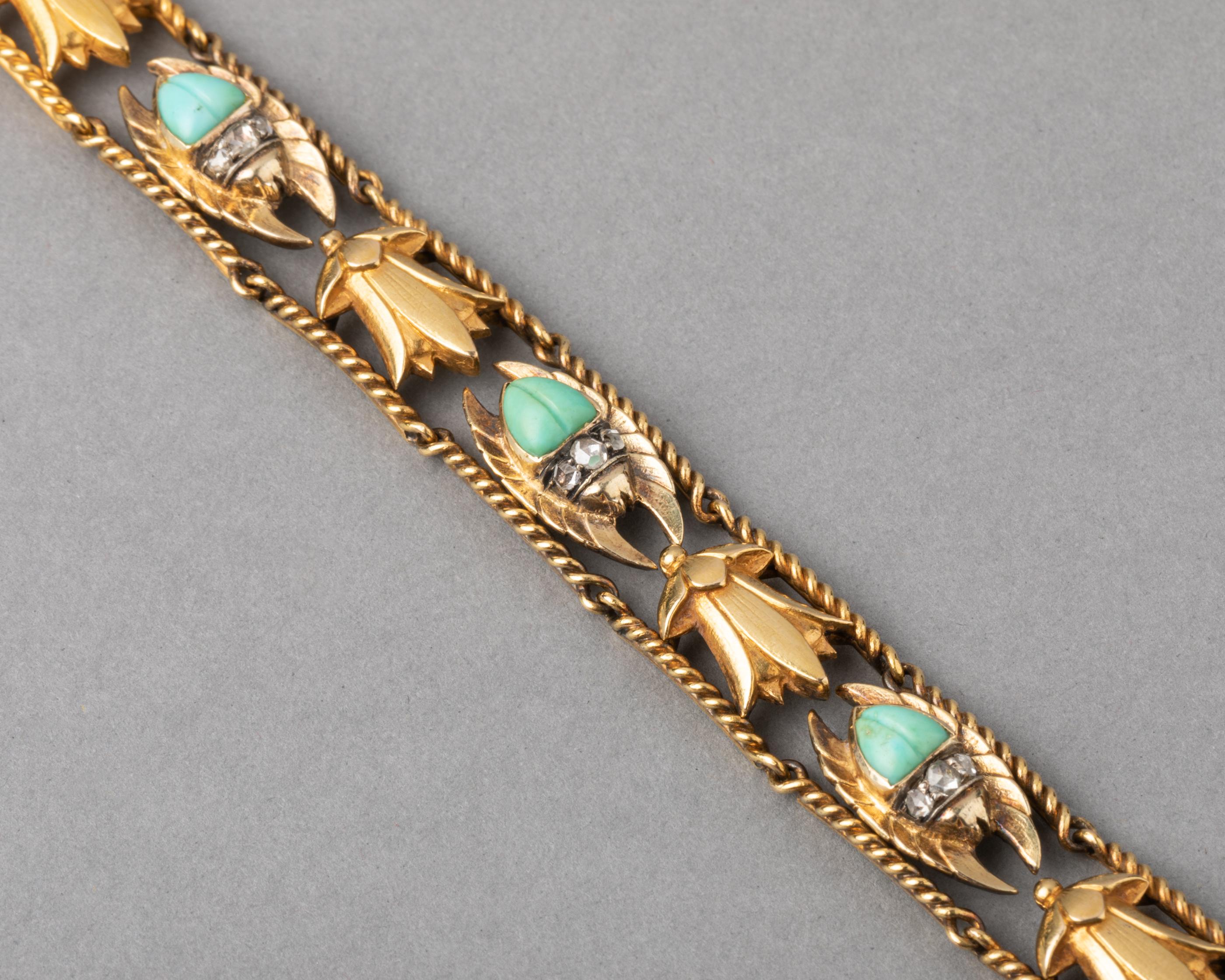 Gold and Turquoises Antique French Egyptian Revival Bracelet For Sale 4