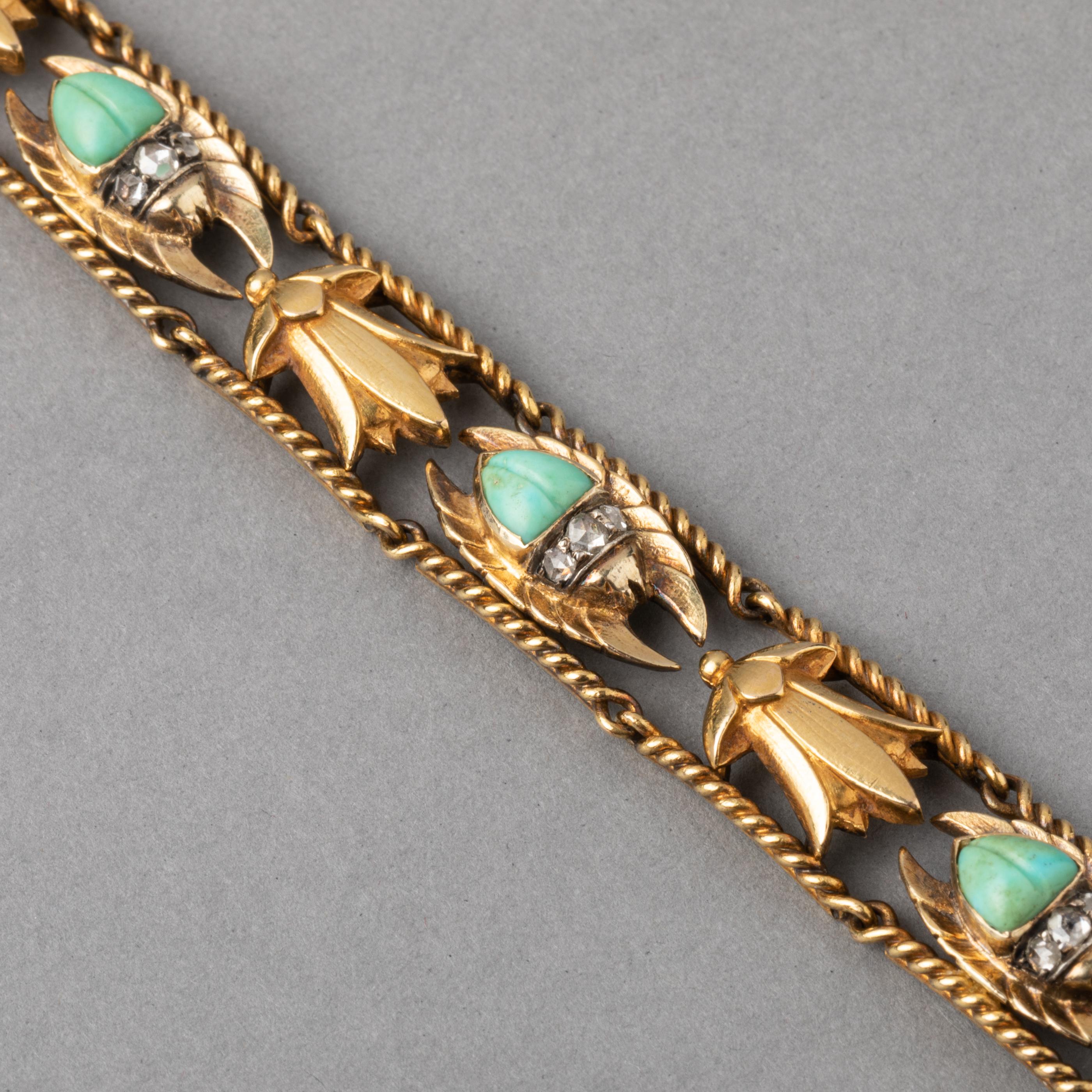 Gold and Turquoises Antique French Egyptian Revival Bracelet For Sale 5