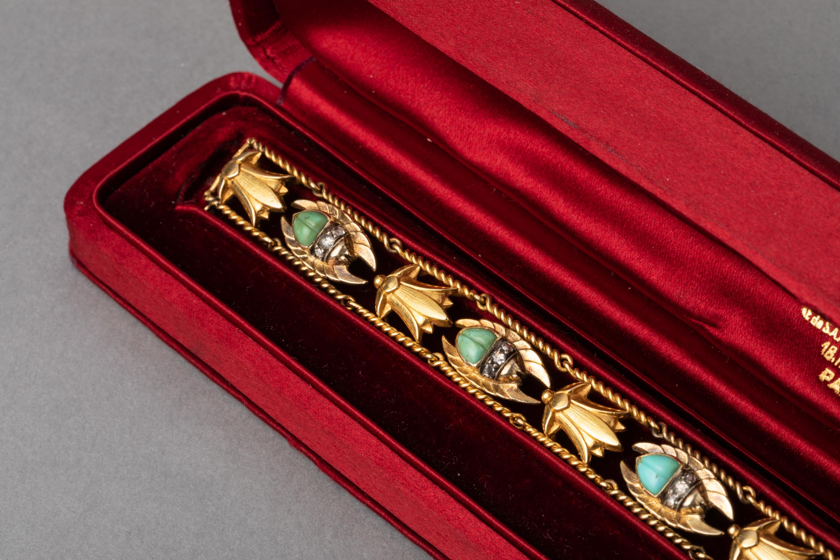 Gold and Turquoises Antique French Egyptian Revival Bracelet In Good Condition For Sale In Saint-Ouen, FR