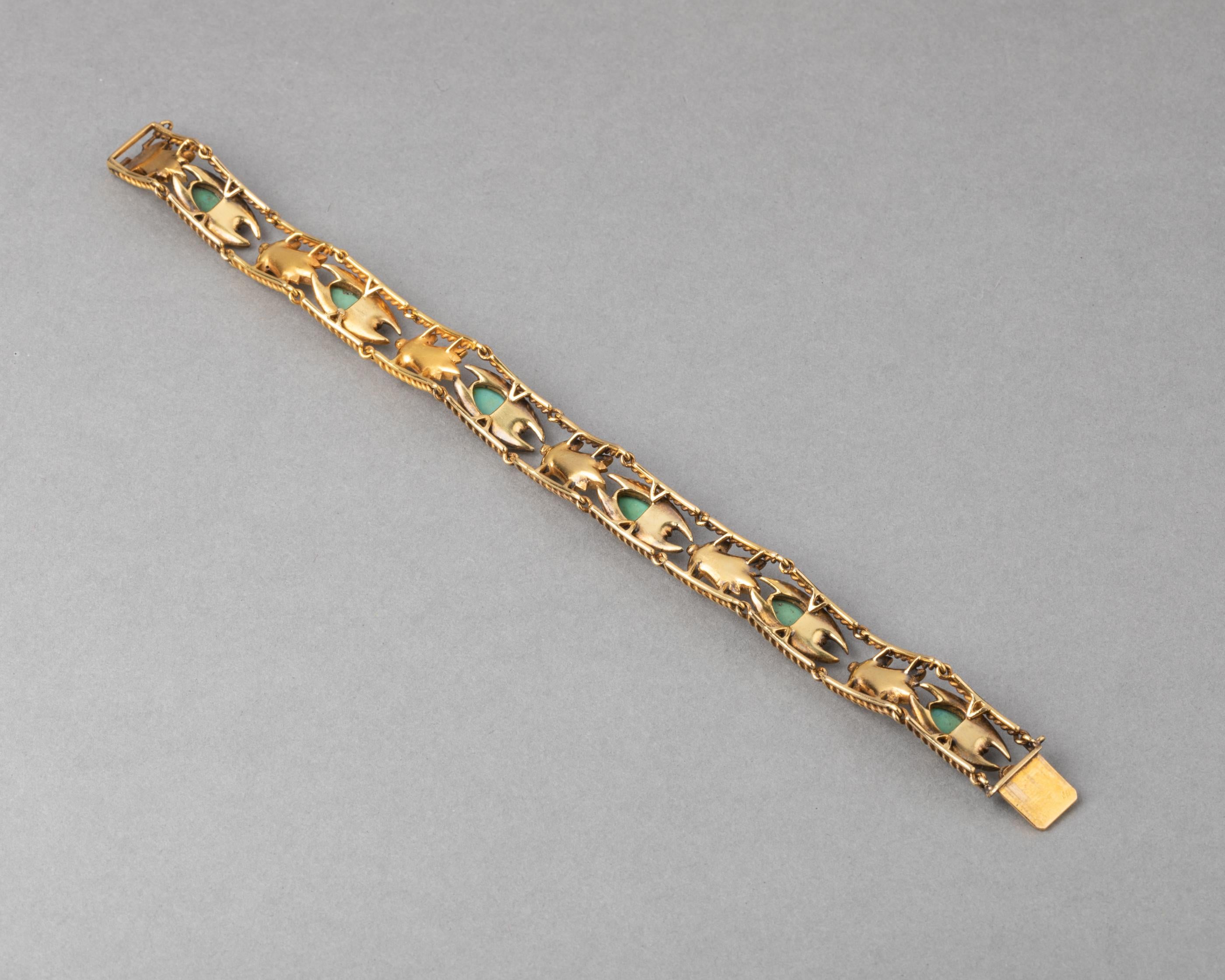 Women's Gold and Turquoises Antique French Egyptian Revival Bracelet For Sale