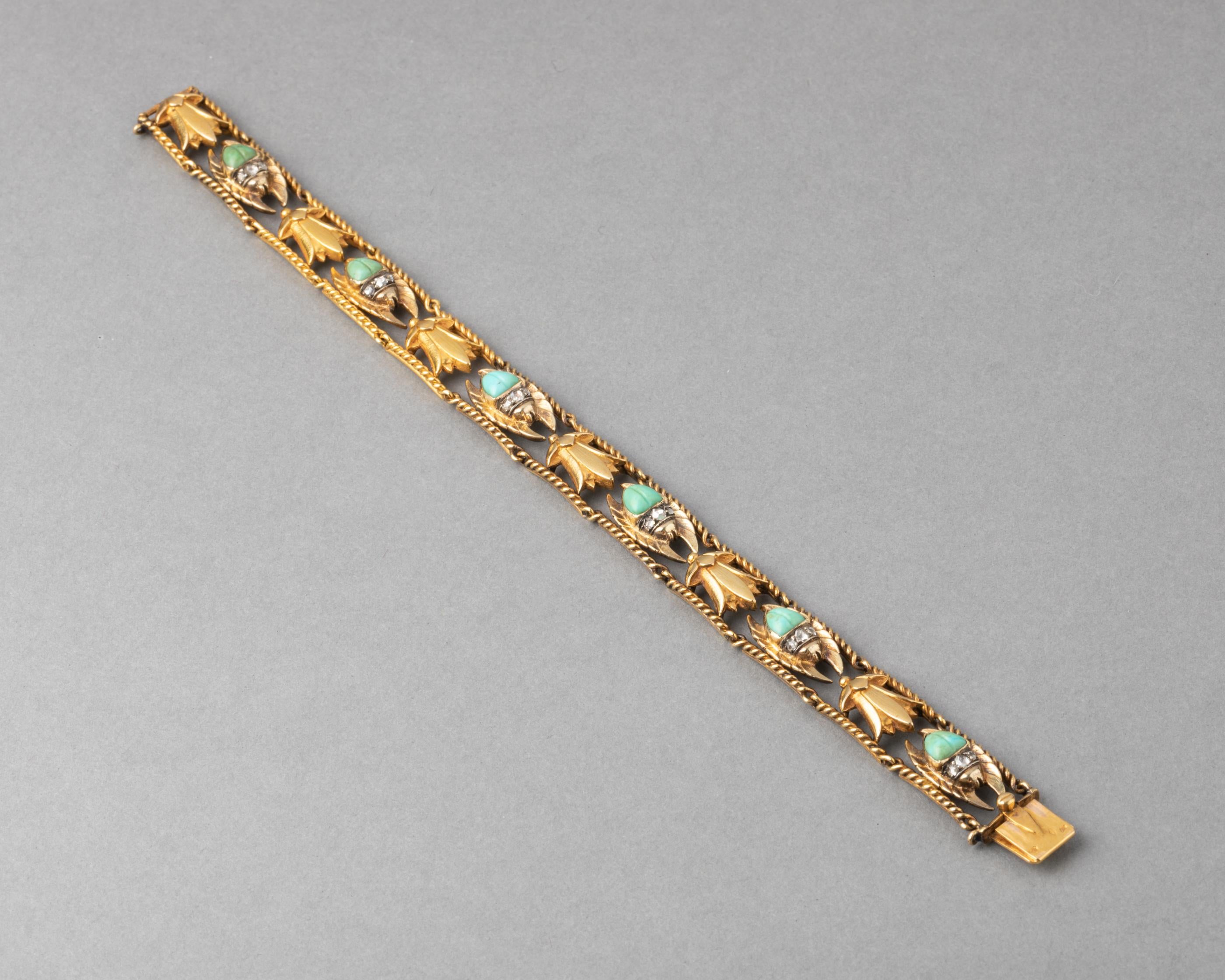 Gold and Turquoises Antique French Egyptian Revival Bracelet For Sale 1