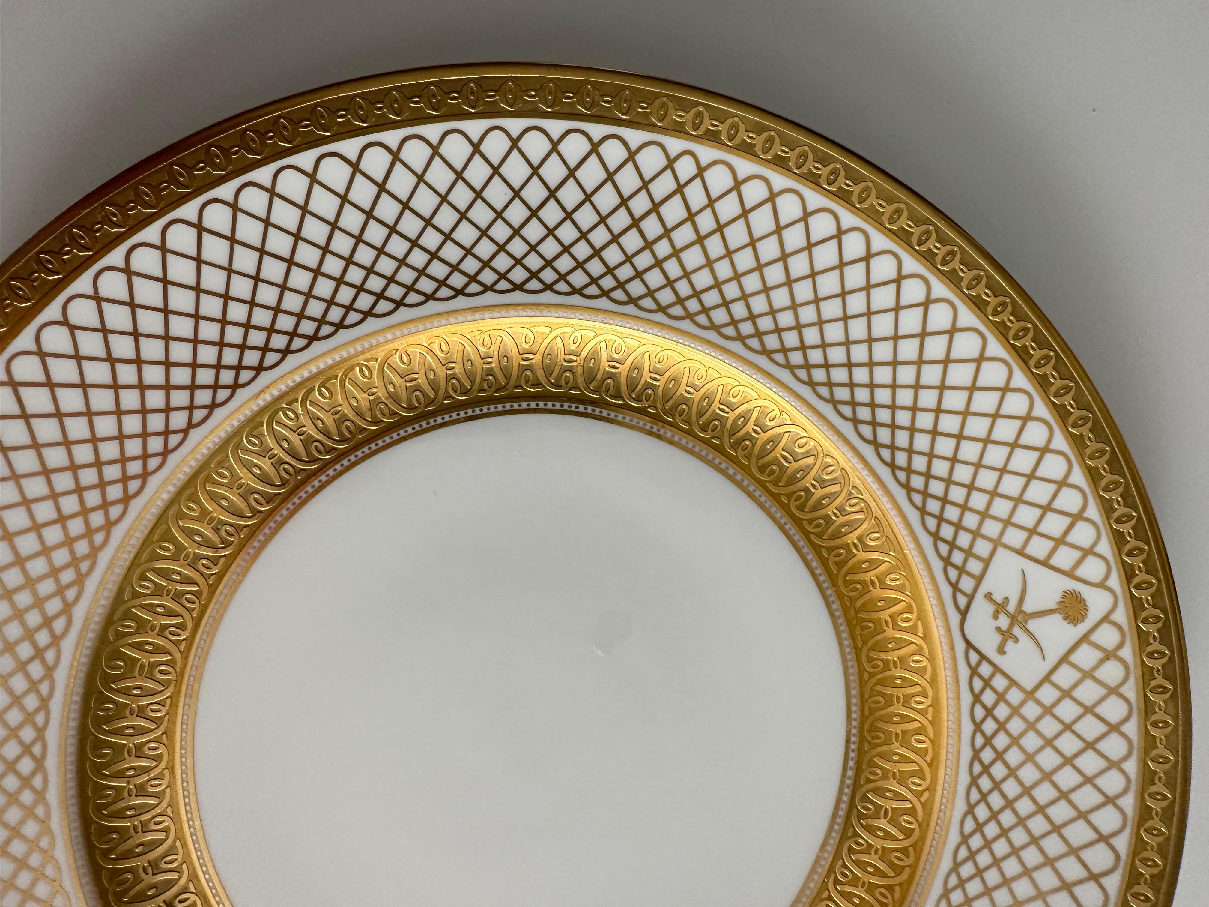 Gold and Gold and White Decorative Porcelain Plate in Barocco Style by De Lamerie
Fine bone china with hand engraving, 22K gold plated, Made in England

Decorative plate, handmade in De Lameire factory, England as custom made order. Fine bone china.