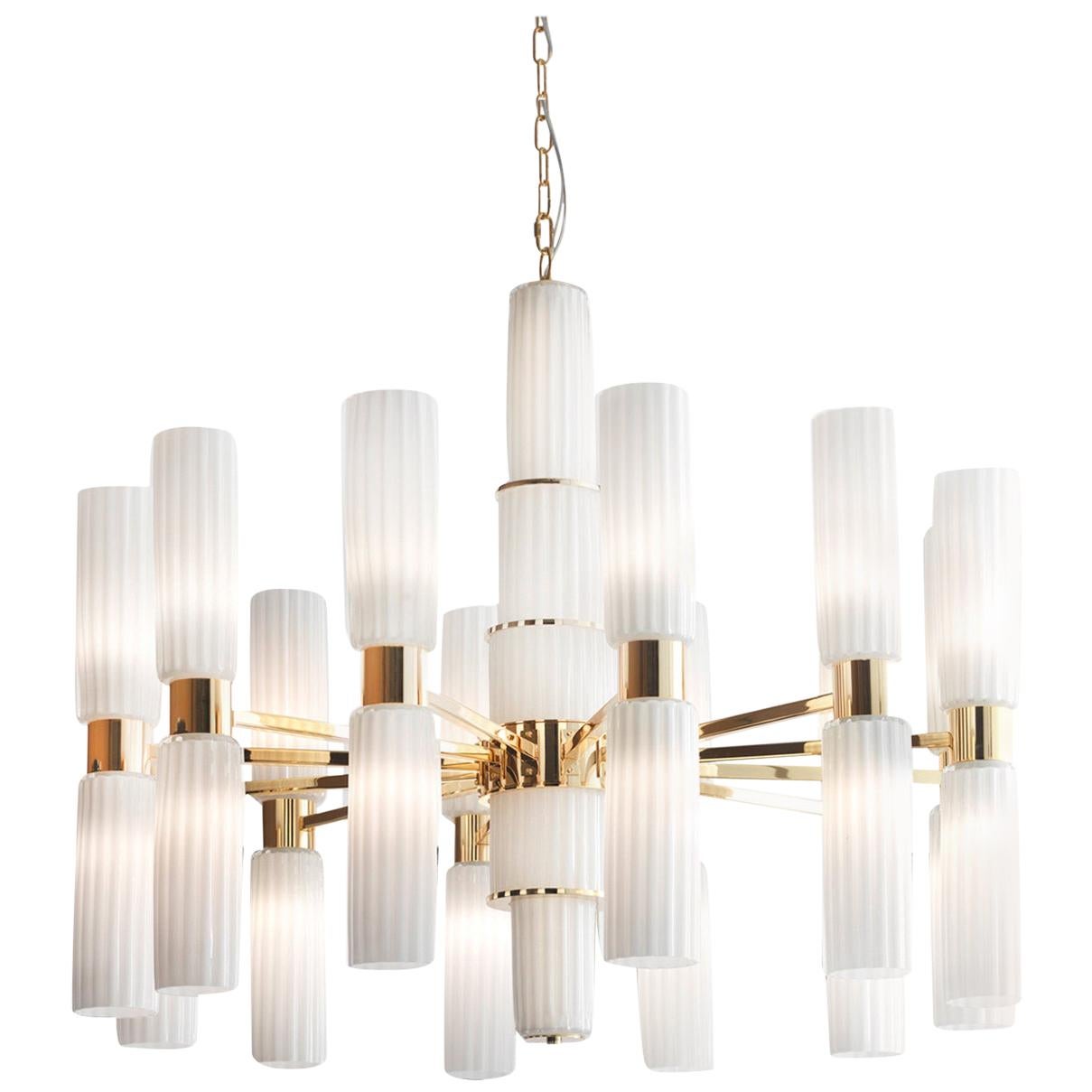 Gold and White Glass Chandelier #1 For Sale