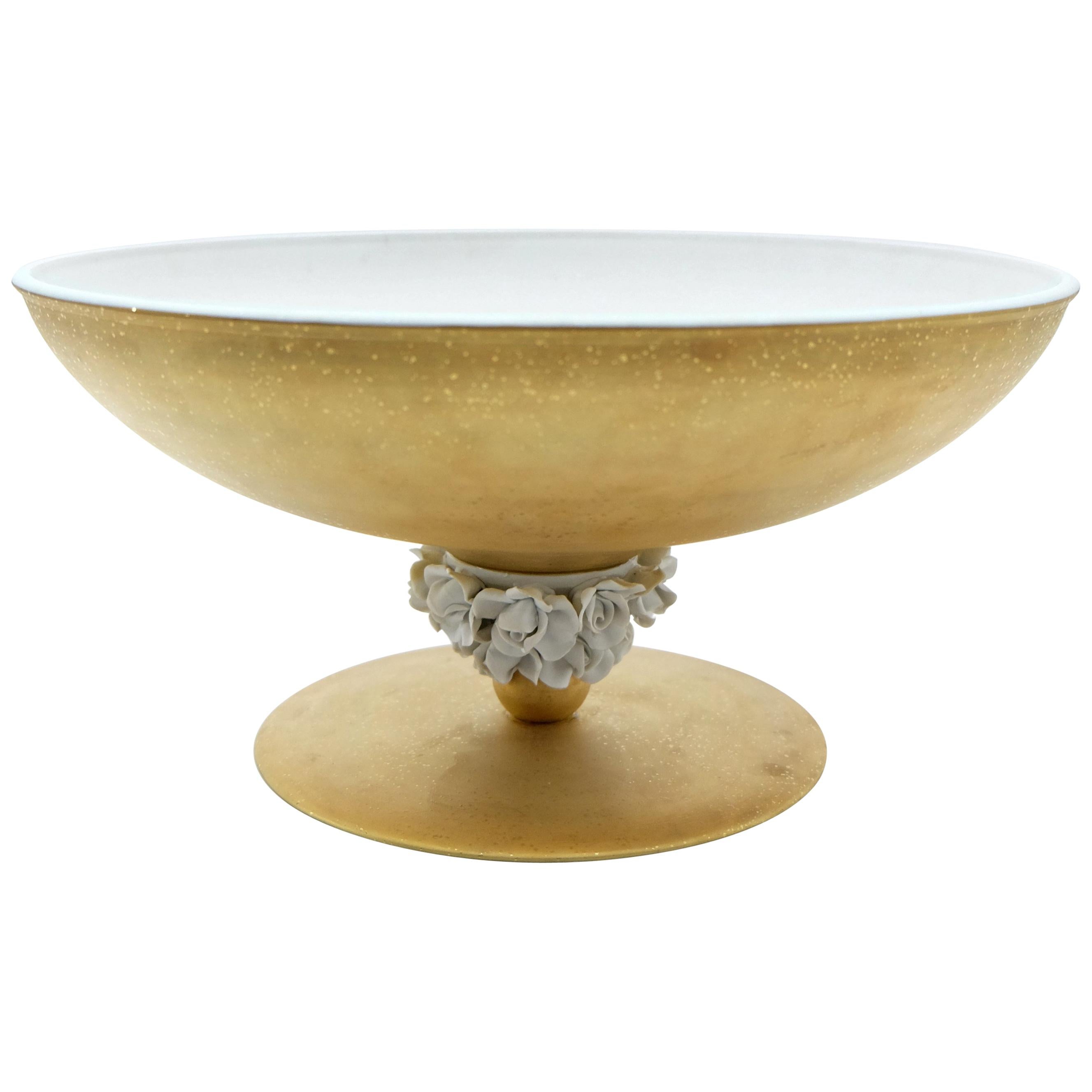 Giulia Mangani Gold and White Porcelain Footed Centerpiece with Flowers