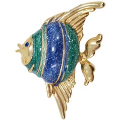 Gold Angelfish Nautical Pin Brooch, Green and Blue Enamel