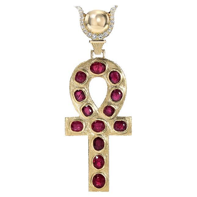 Gold Ankh Pendant with Natural Rubies and Diamonds