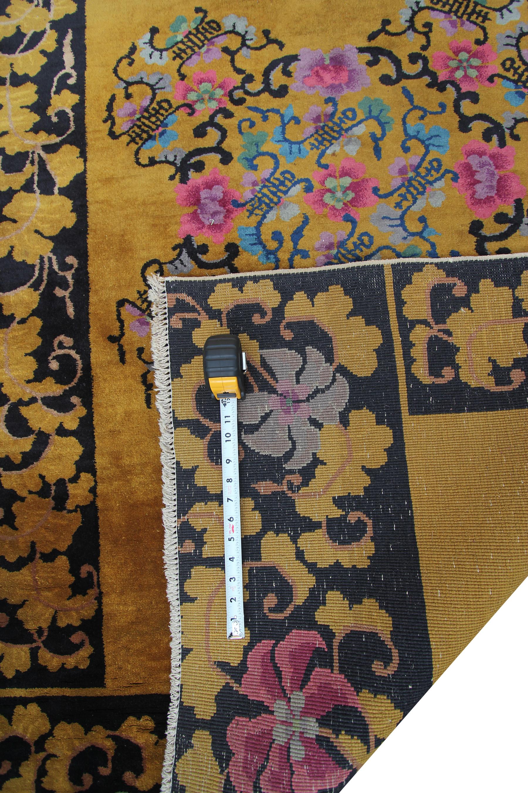 Antiker, goldener, antiker, chinesischer Art-Déco-Teppich Walter Nichols, Schwarz, 4x7 122x203cm im Angebot 5