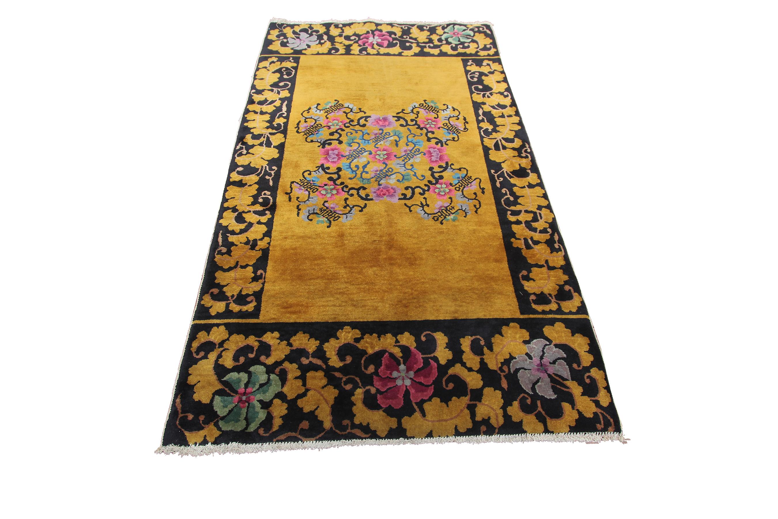 Hand-Knotted Gold Antique Art Deco Rug Antique Chinese Rug Walter Nichols Black 4x7 122x203cm For Sale