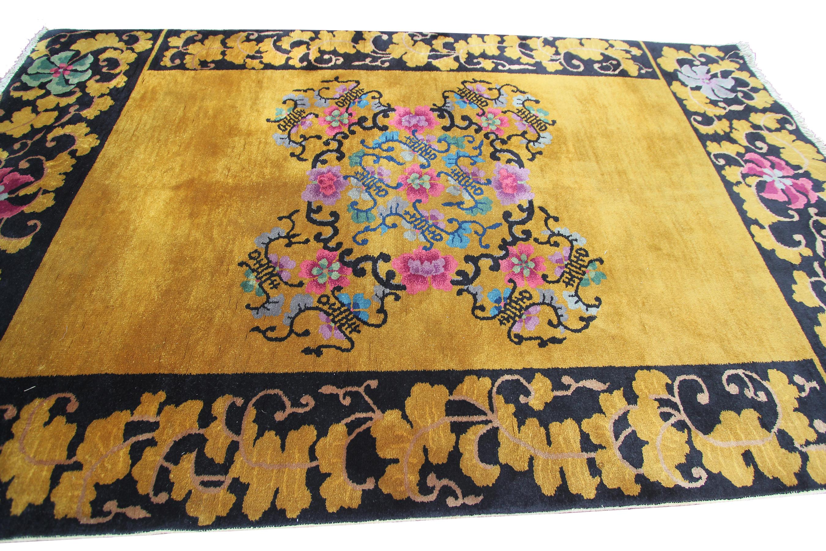 Early 20th Century Gold Antique Art Deco Rug Antique Chinese Rug Walter Nichols Black 4x7 122x203cm For Sale