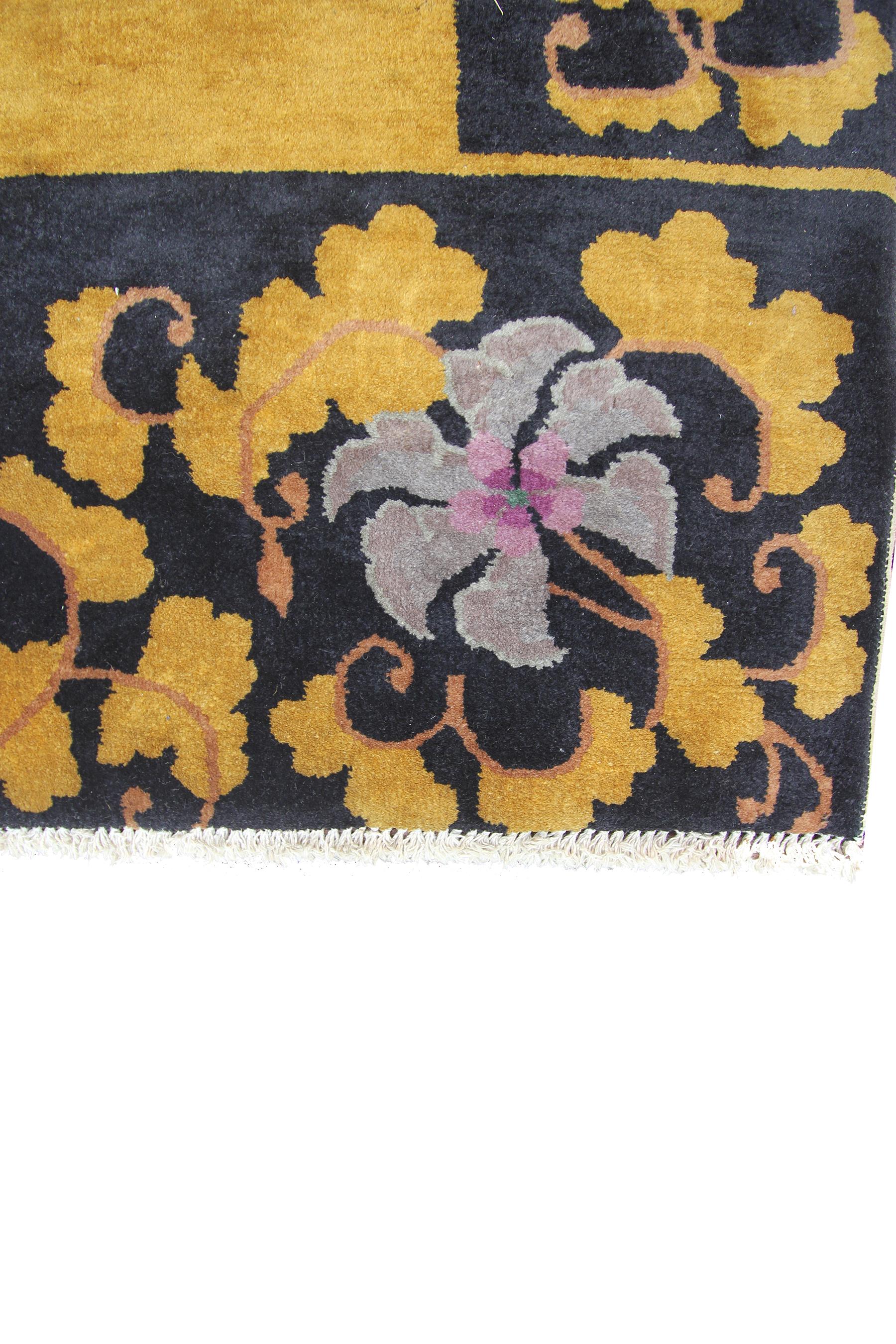 Antiker, goldener, antiker, chinesischer Art-Déco-Teppich Walter Nichols, Schwarz, 4x7 122x203cm im Angebot 2