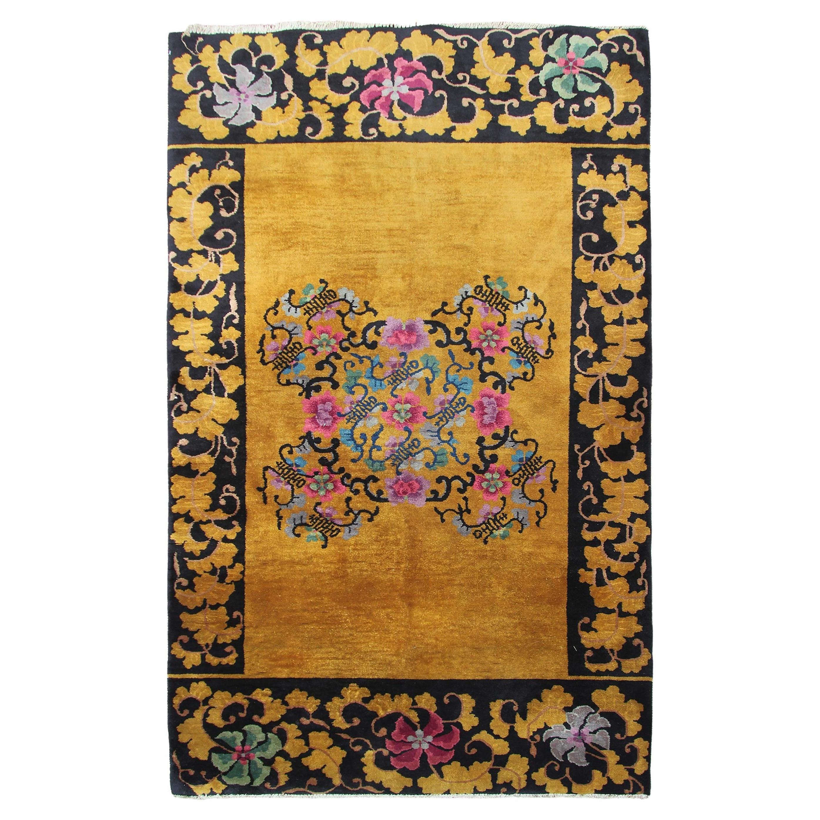 Antiker, goldener, antiker, chinesischer Art-Déco-Teppich Walter Nichols, Schwarz, 4x7 122x203cm im Angebot