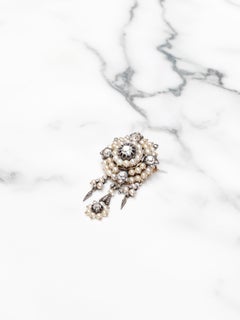 Gold Antique Brooch / Corsage Front with Silver, Diamonds, Fine Pearls and Ename