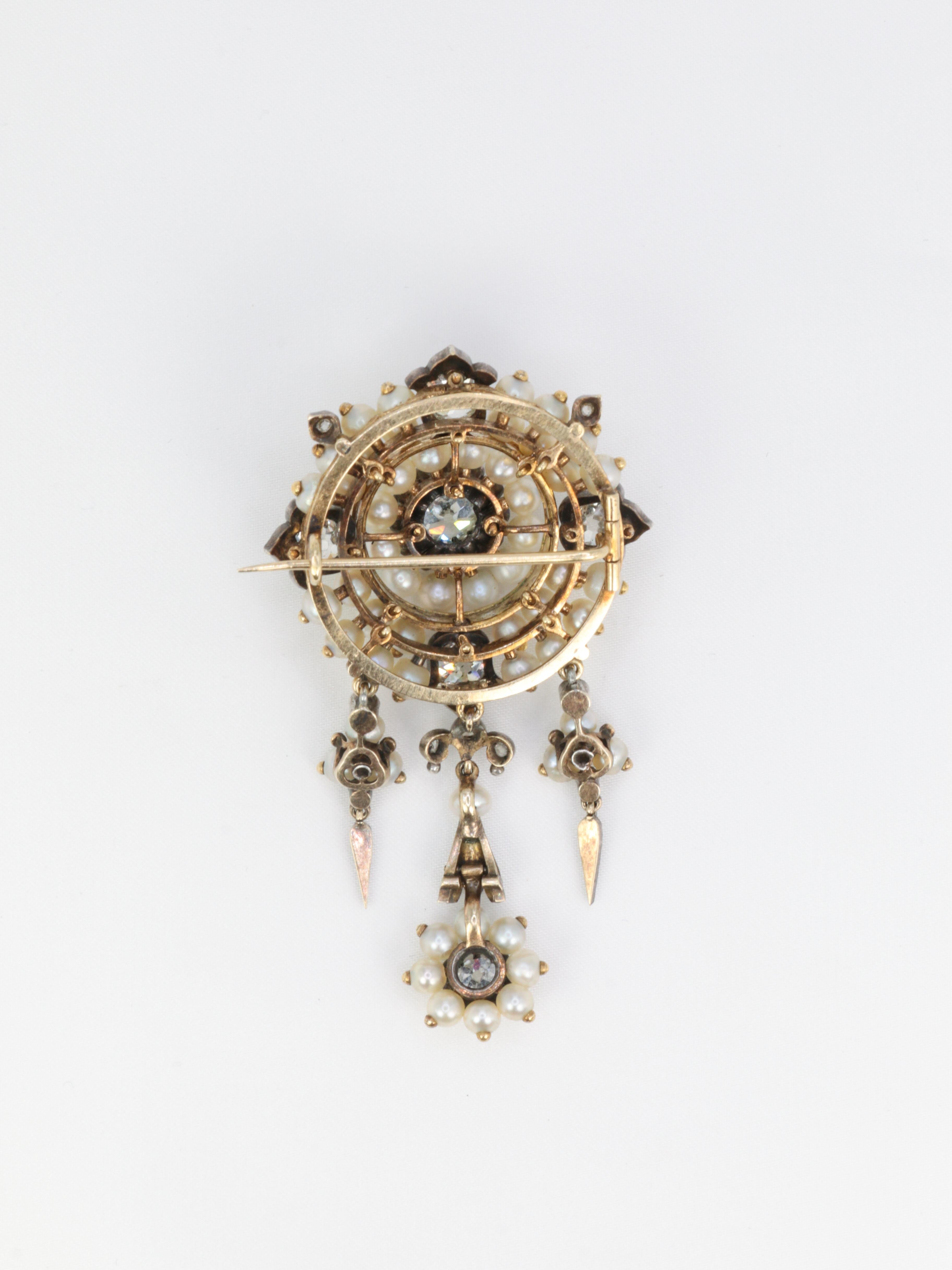 Old Mine Cut Gold Antique Brooch / Corsage Front with Silver, Diamonds, Fine Pearls and Ename For Sale