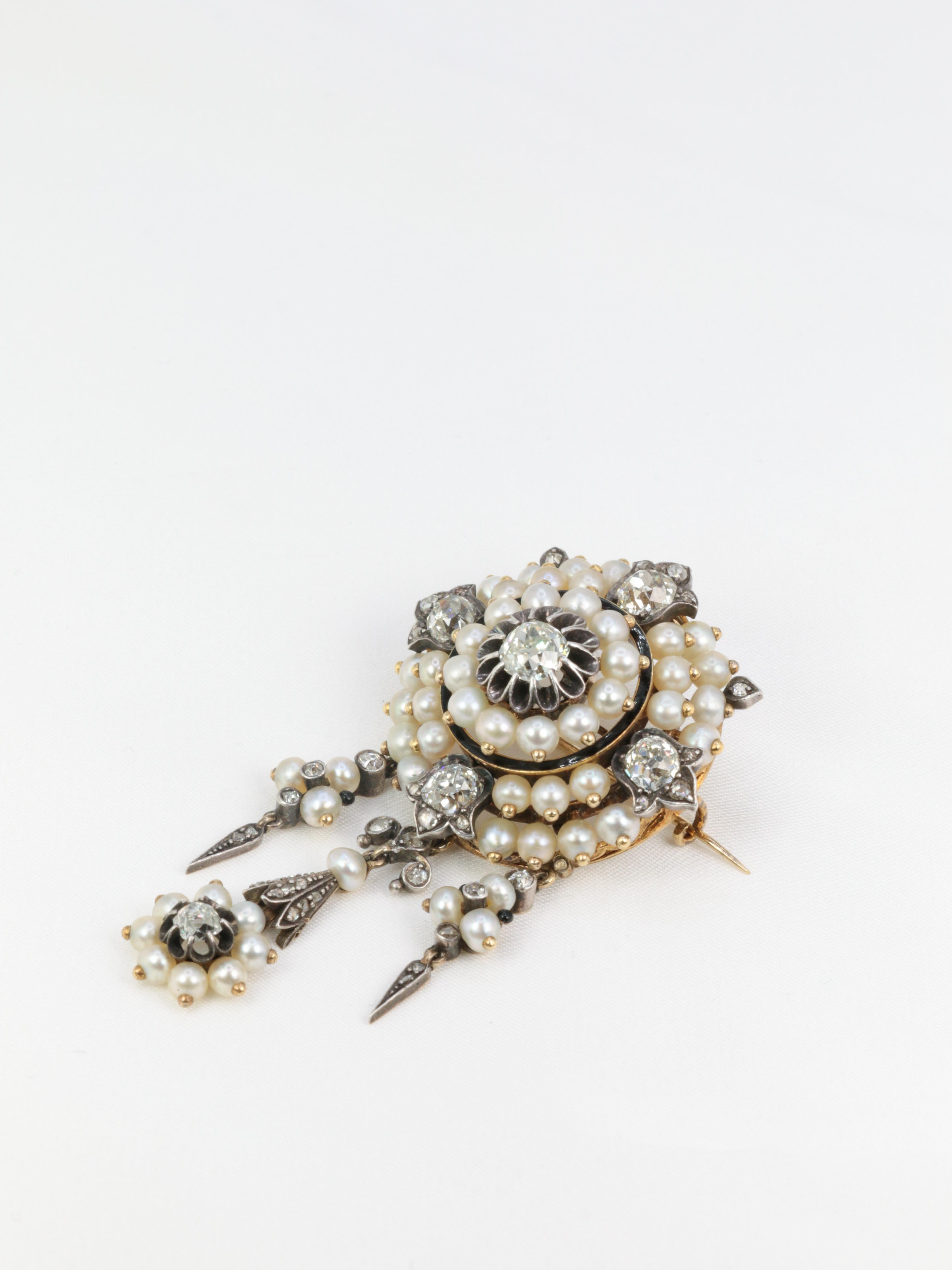Women's or Men's Gold Antique Brooch / Corsage Front with Silver, Diamonds, Fine Pearls and Ename For Sale
