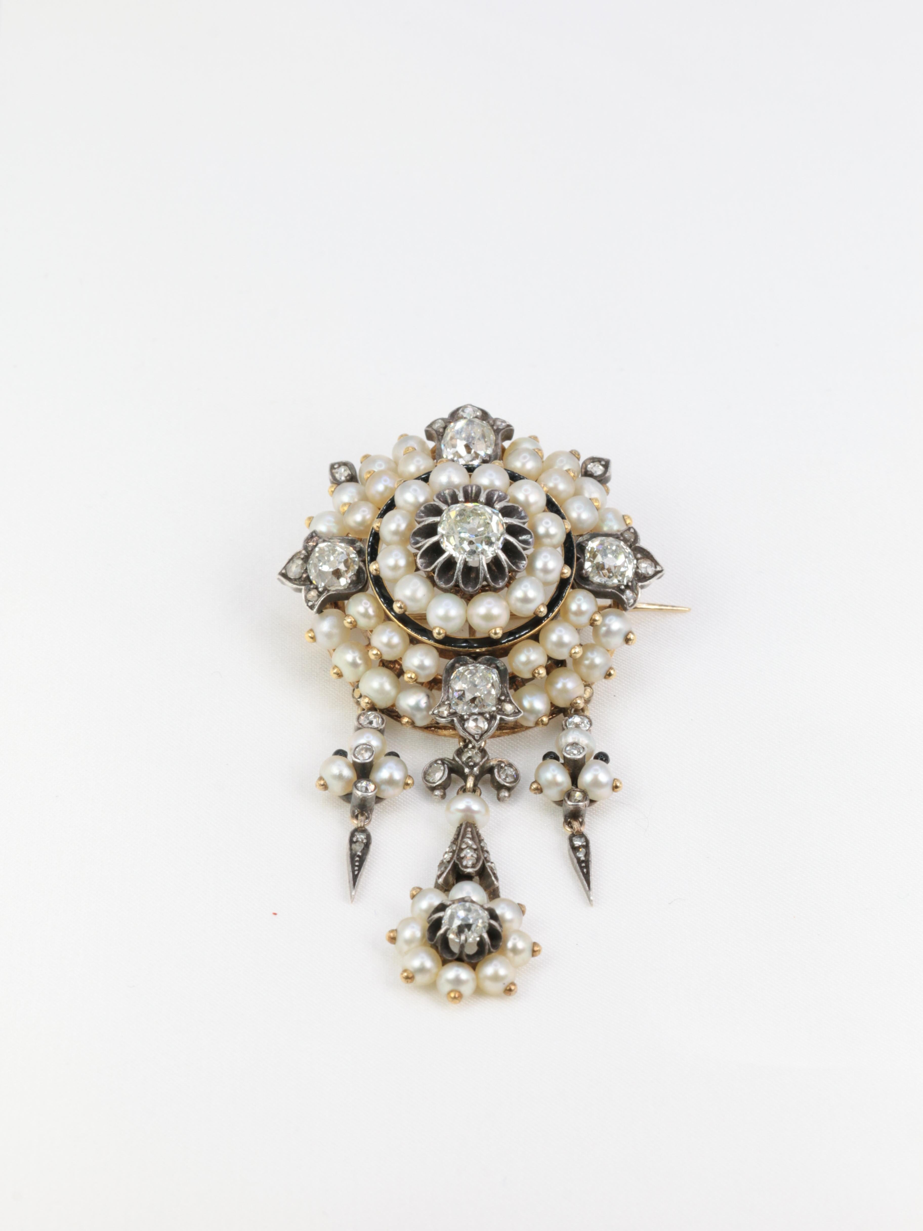 Gold Antique Brooch / Corsage Front with Silver, Diamonds, Fine Pearls and Ename For Sale 1
