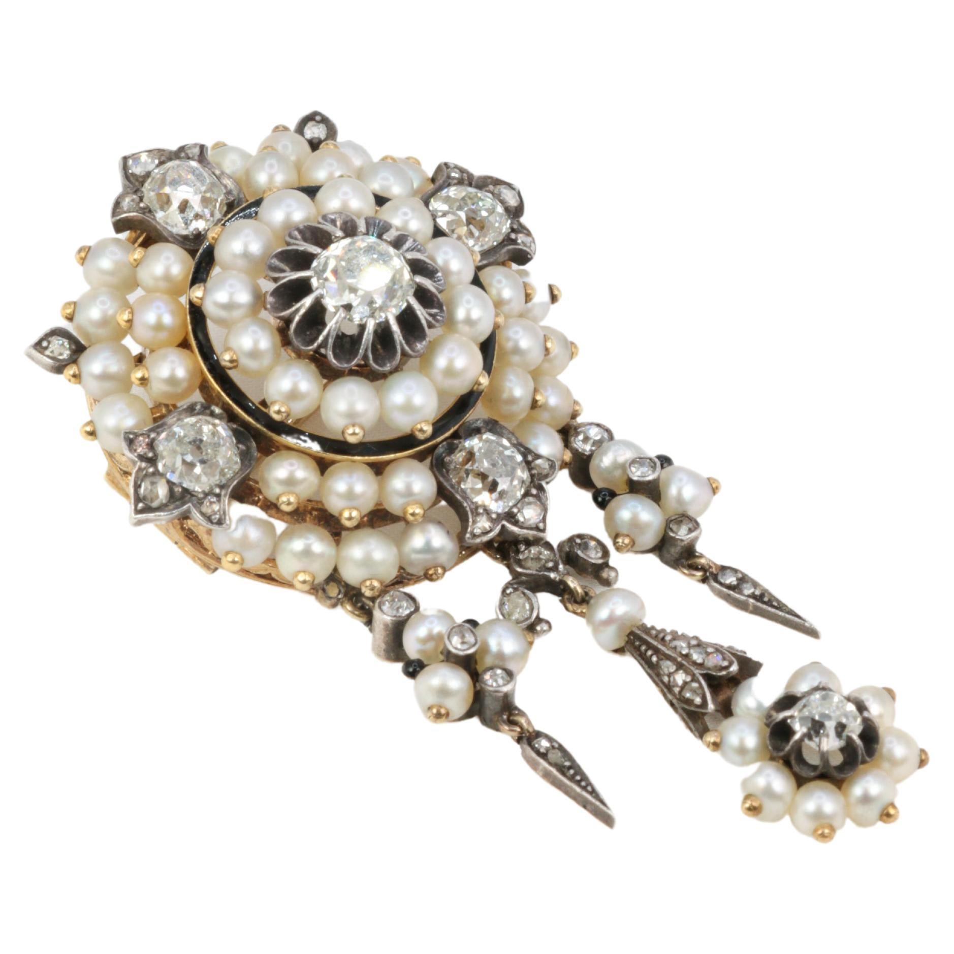 Gold Antique Brooch / Corsage Front with Silver, Diamonds, Fine Pearls and Ename For Sale