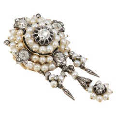 Gold Antique Brooch / Corsage Front with Silver, Diamonds, Fine Pearls and Ename