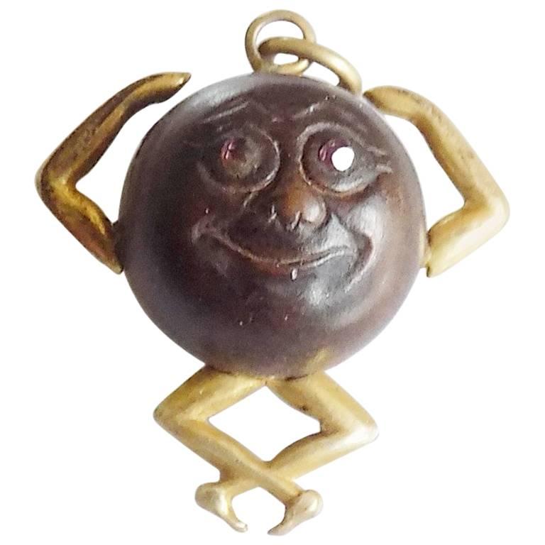 Gold Antique WWI Gold Mr Touch Wud Wood Lucky Charm Pendant