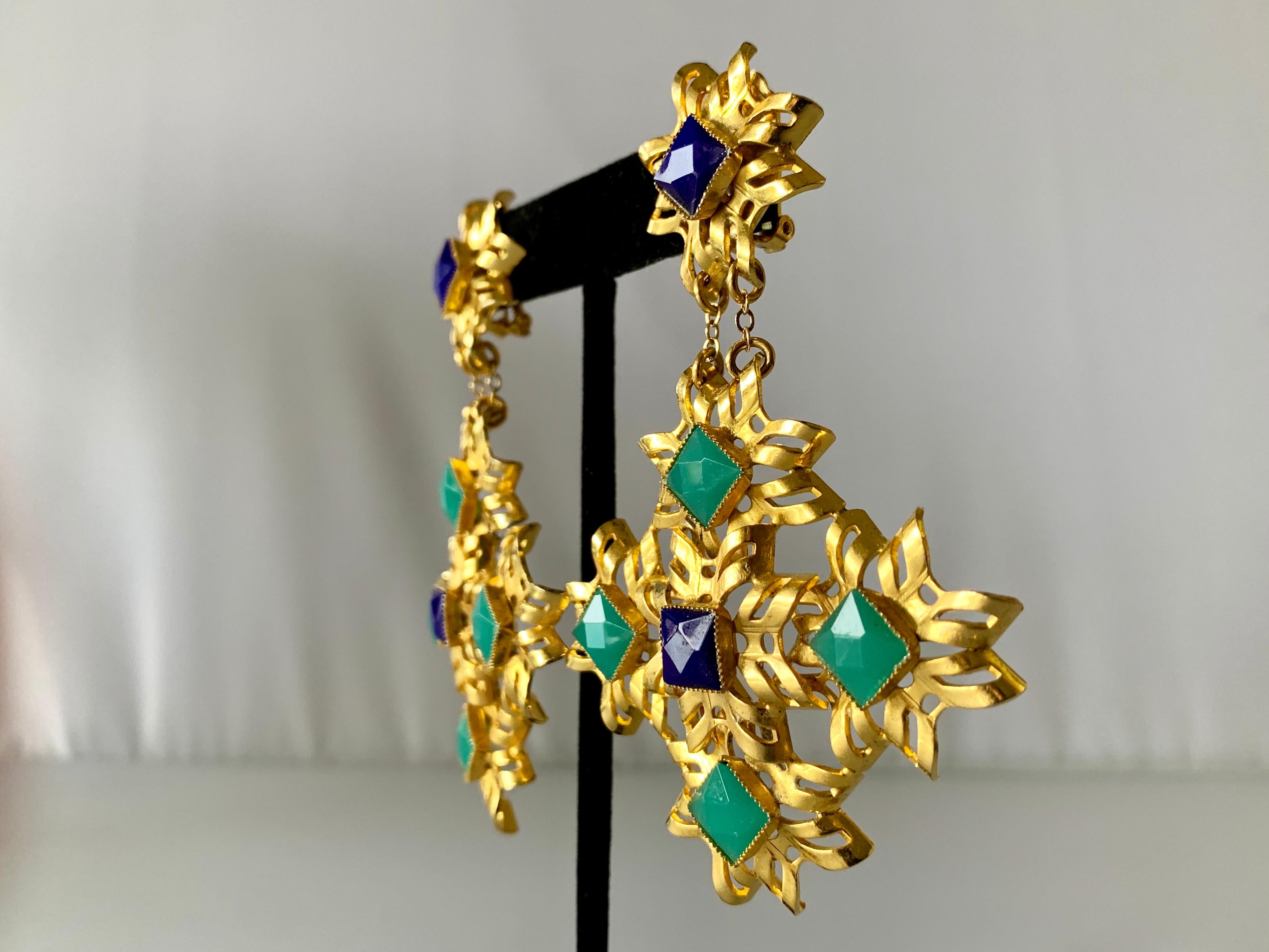 Contemporary Gold Architectural Lapis and Chrysoprase Statement Earrings for Bill Blass