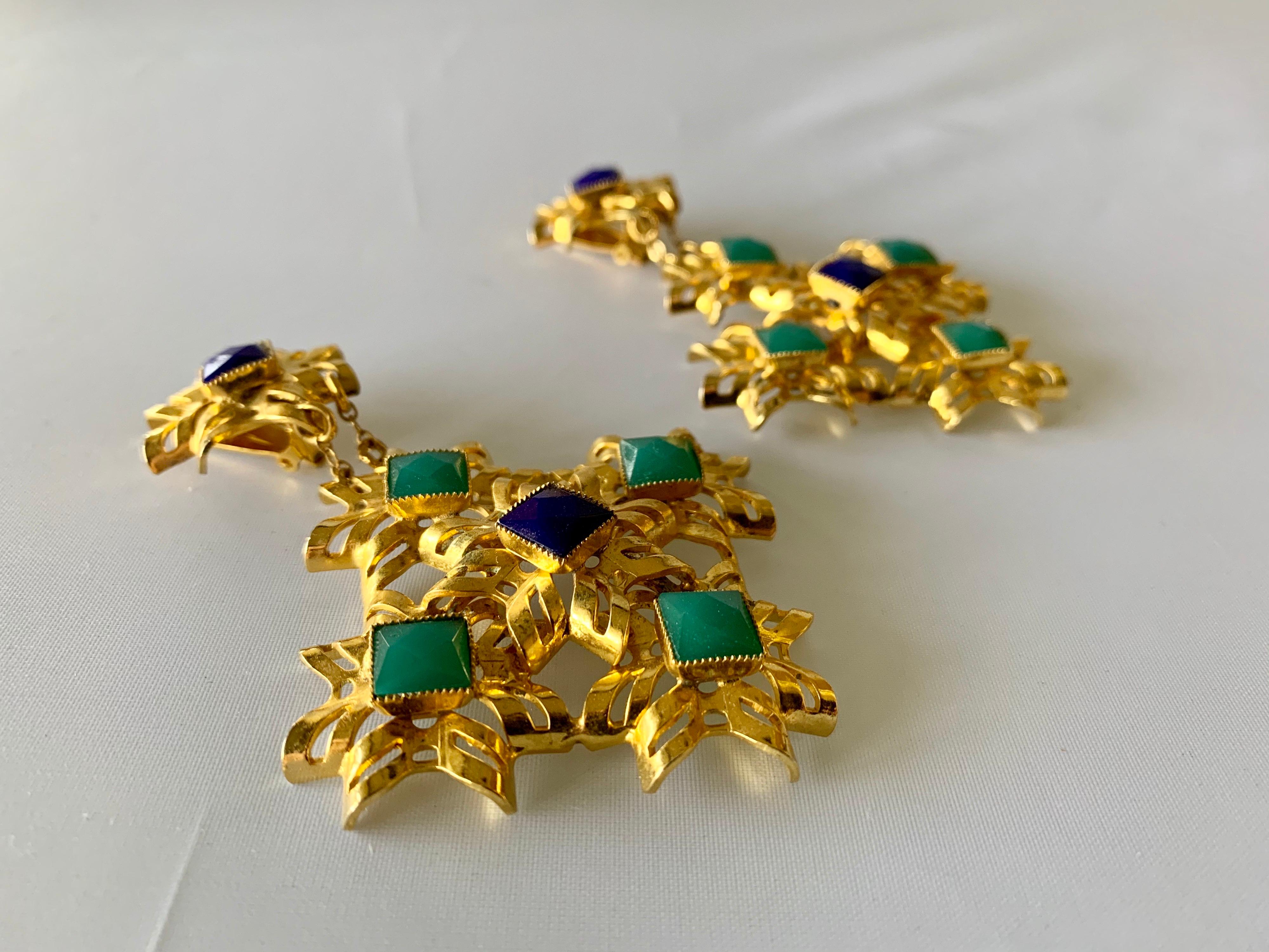 Square Cut Gold Architectural Lapis and Chrysoprase Statement Earrings for Bill Blass