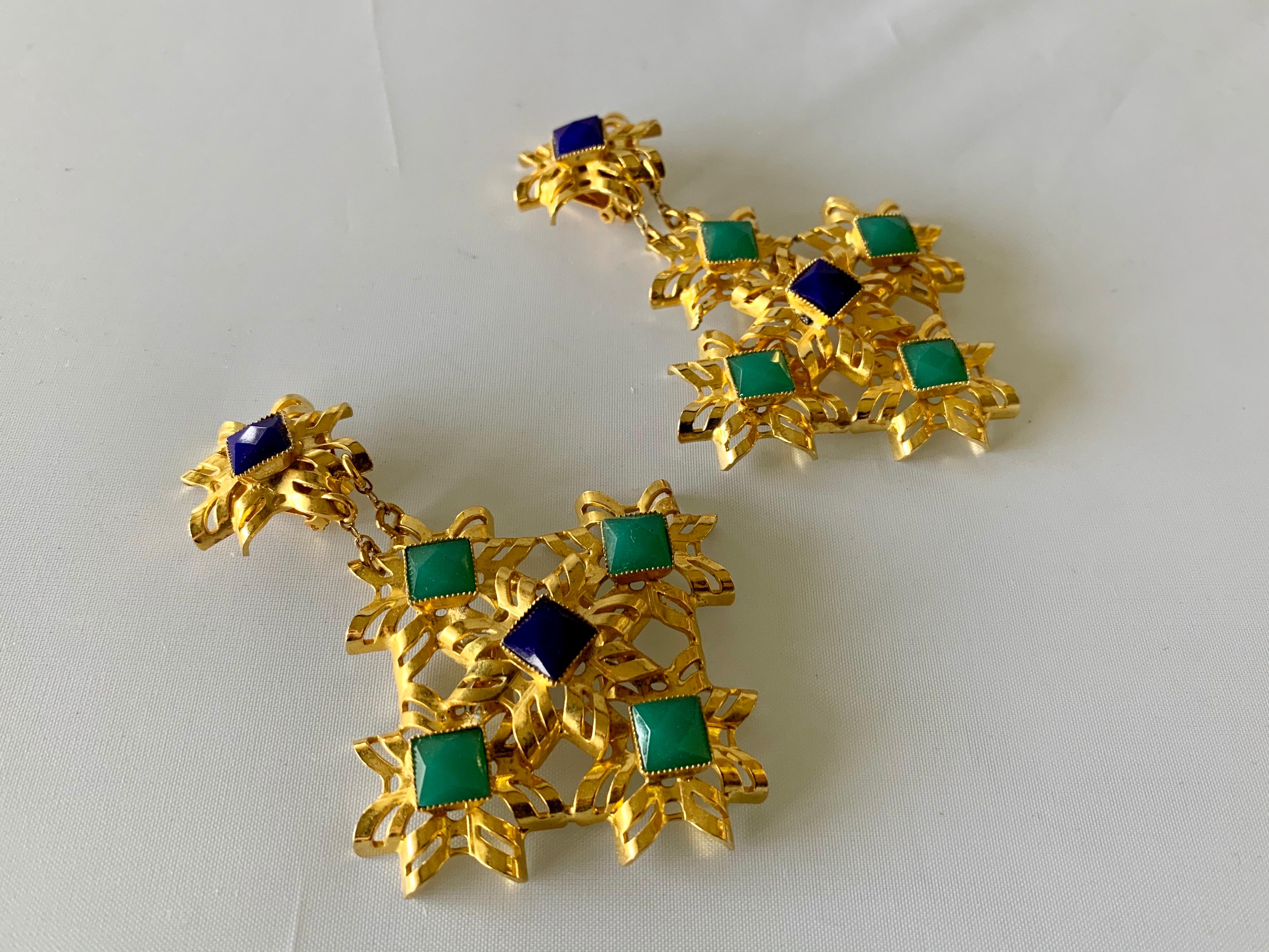 Gold Architectural Lapis and Chrysoprase Statement Earrings for Bill Blass In Excellent Condition In Palm Springs, CA