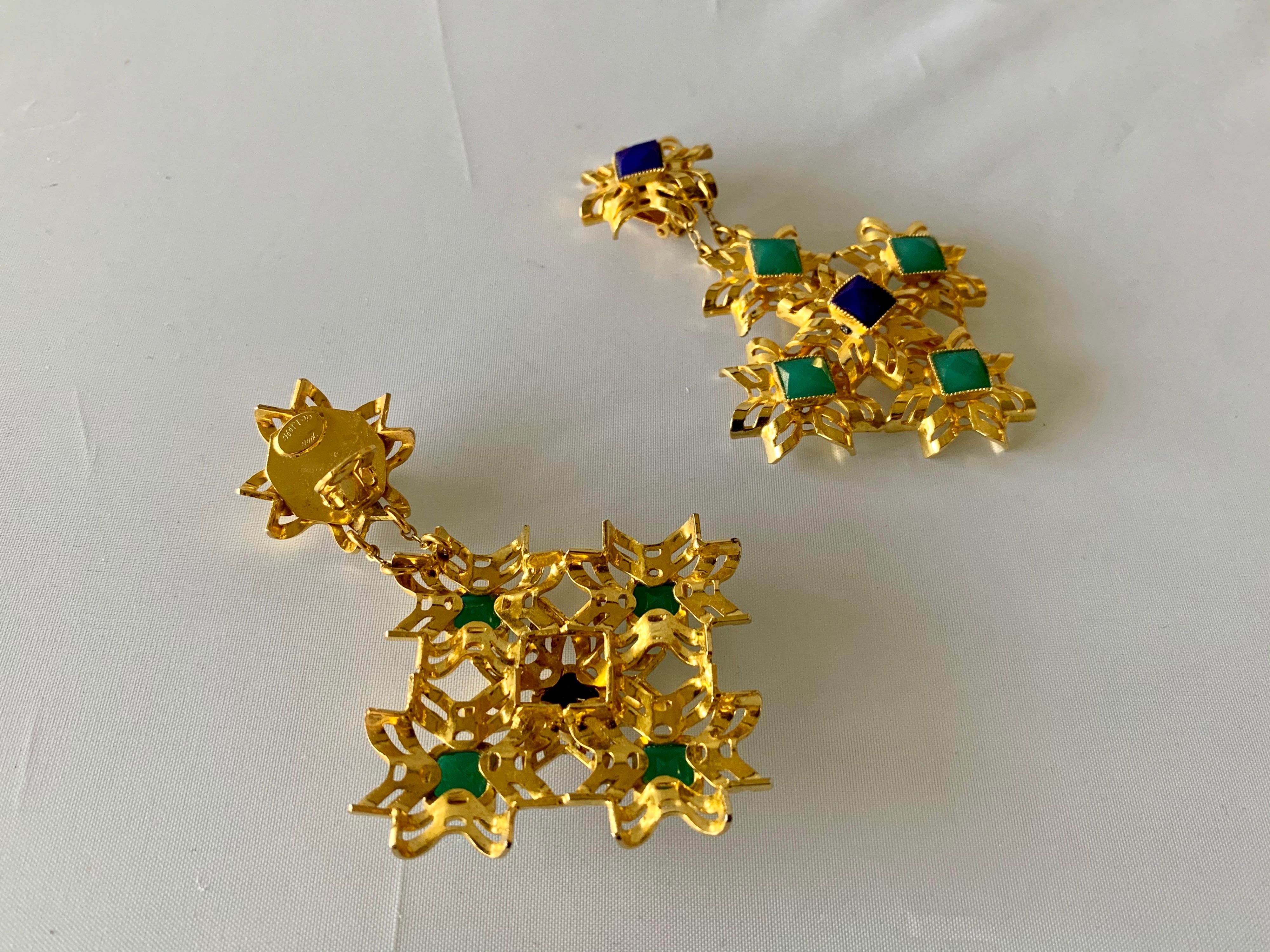 Women's or Men's Gold Architectural Lapis and Chrysoprase Statement Earrings for Bill Blass