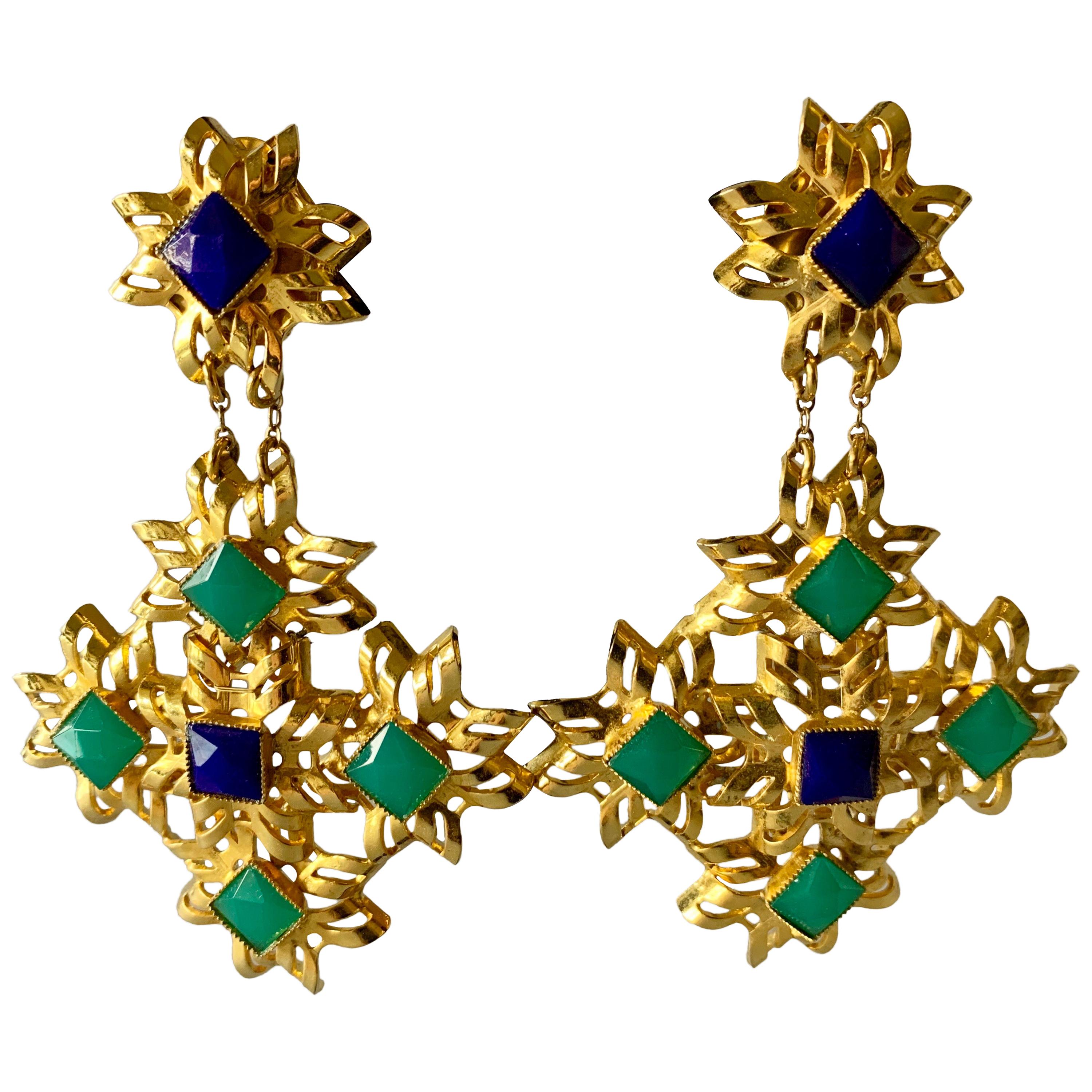 Gold Architectural Lapis and Chrysoprase Statement Earrings for Bill Blass