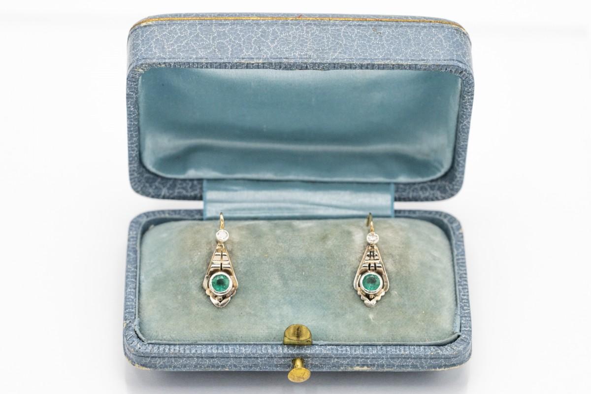 Old Mine Cut Gold Art Deco earrings with emeralds and diamonds, Hungary, 1930s.