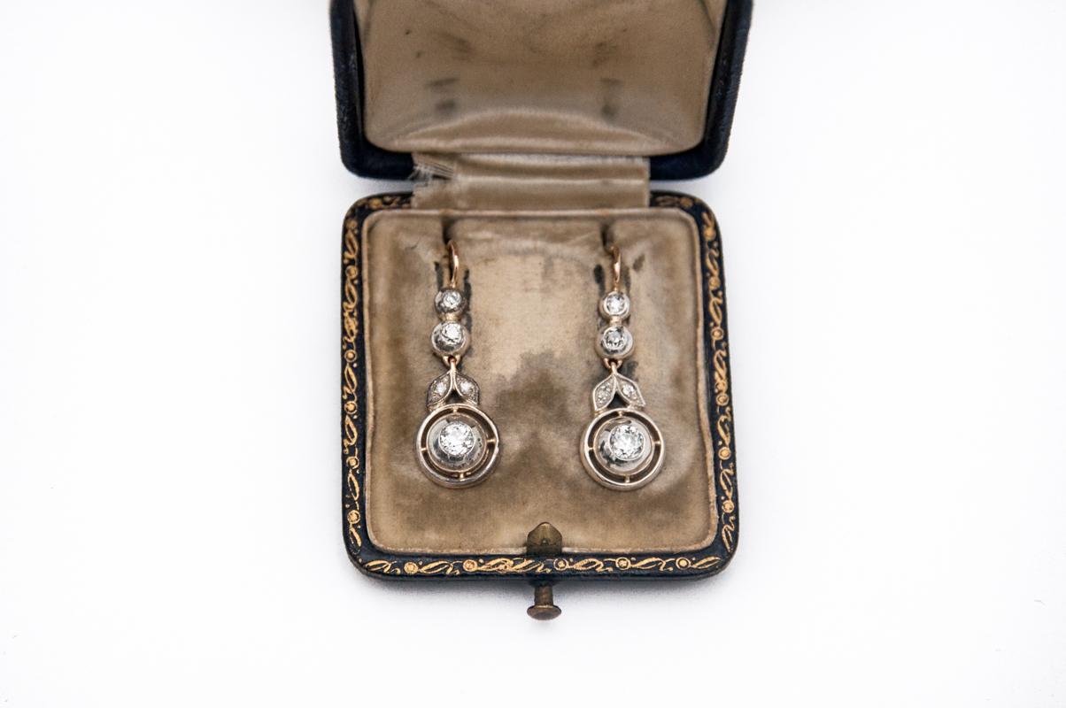 Old European Cut Gold Art Nouveau drop earrings with 0.85ct diamonds, Graz - Austria, 1910s.