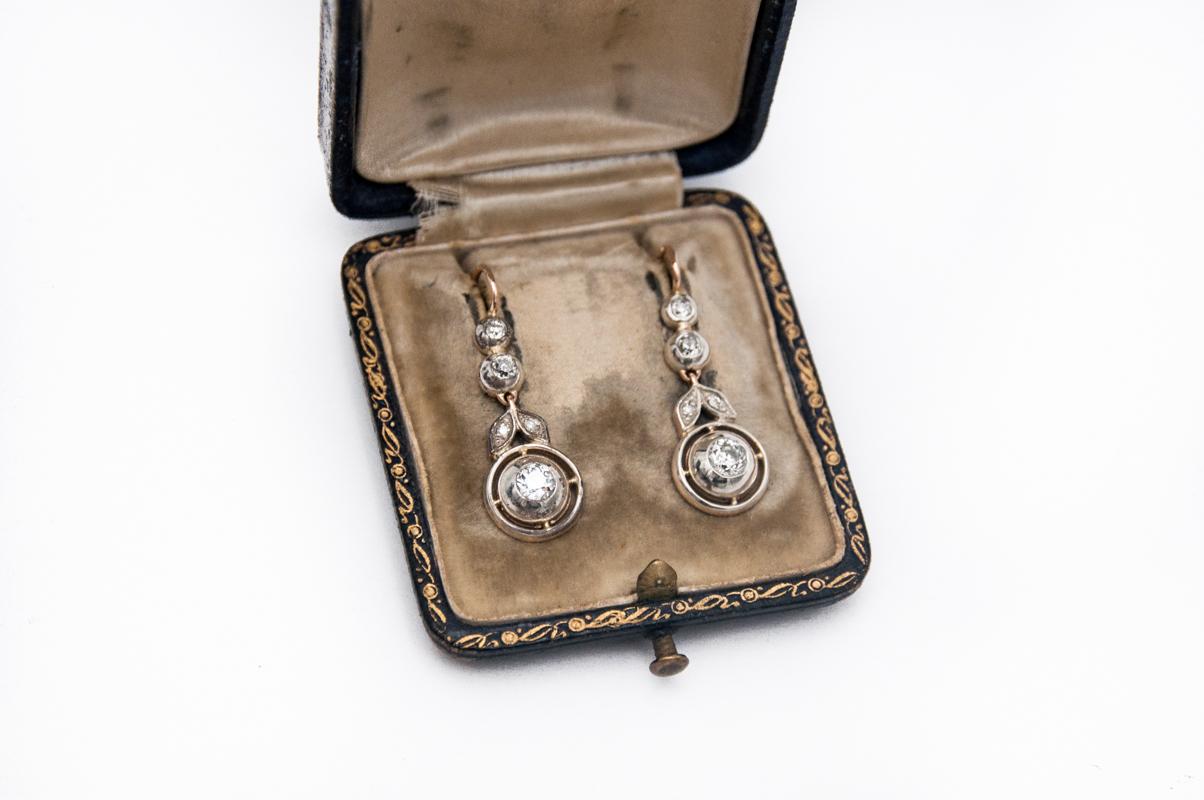 Gold Art Nouveau drop earrings with 0.85ct diamonds, Graz - Austria, 1910s.