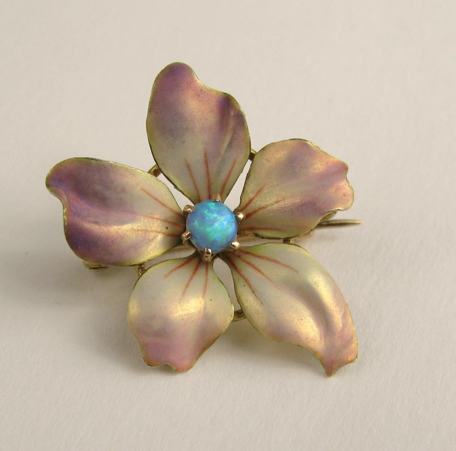 10k Gold Art Nouveau Brooch Opal & Enamel Pansy Pin. Look at the colors on this piece, the opal is beautiful. Wonderful enamel in a  pastel hue. Measuring 1.03