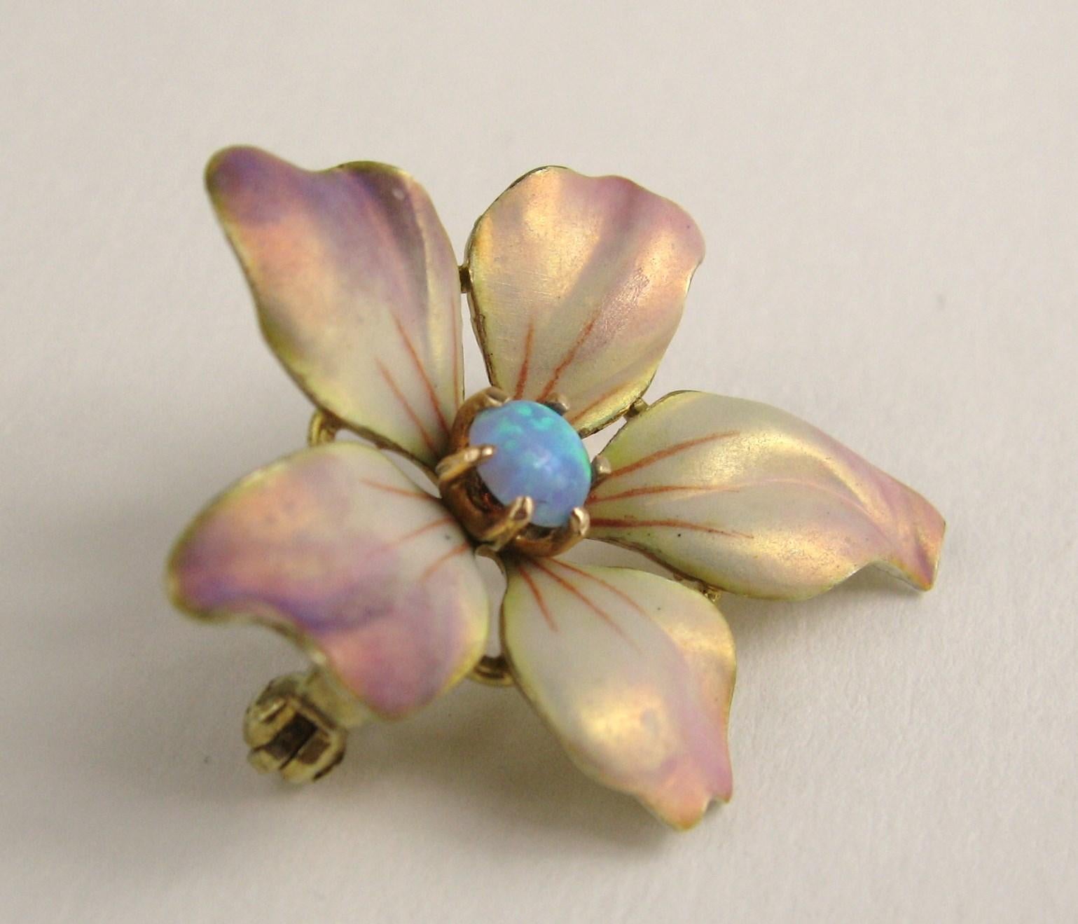 Gold Art Nouveau Enamel Pansy and Opal Brooch Pin In Good Condition In Wallkill, NY
