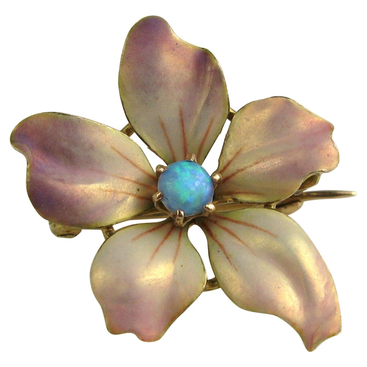 Gold Art Nouveau Enamel Pansy and Opal Brooch Pin
