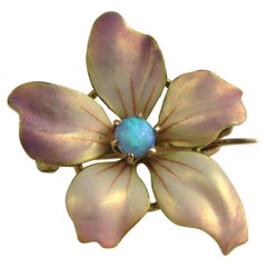 Antique Gold Art Nouveau Enamel Pansy and Opal Brooch Pin