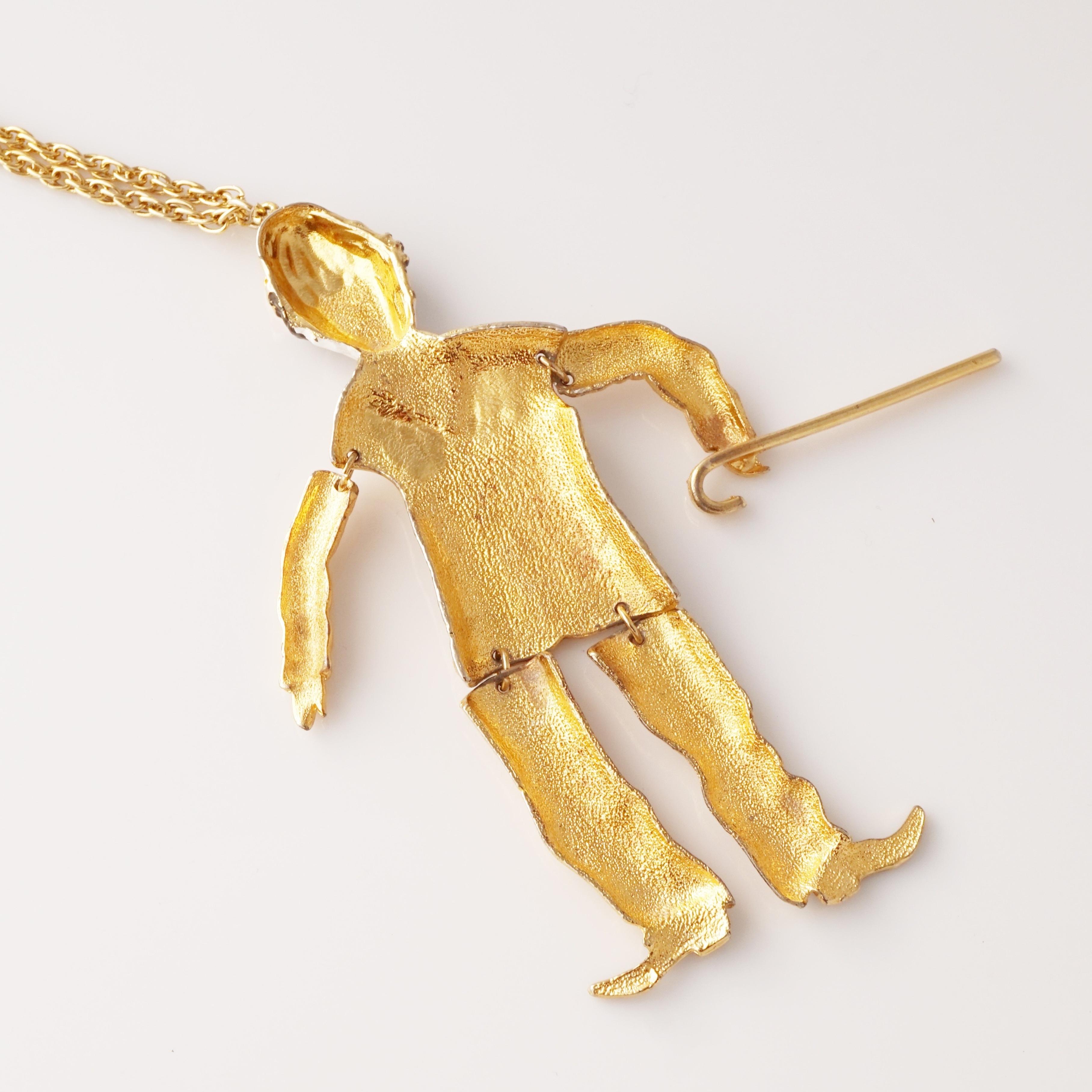 Modern Gold Articulated Charlie Chaplin Pendant Necklace, 1970s For Sale