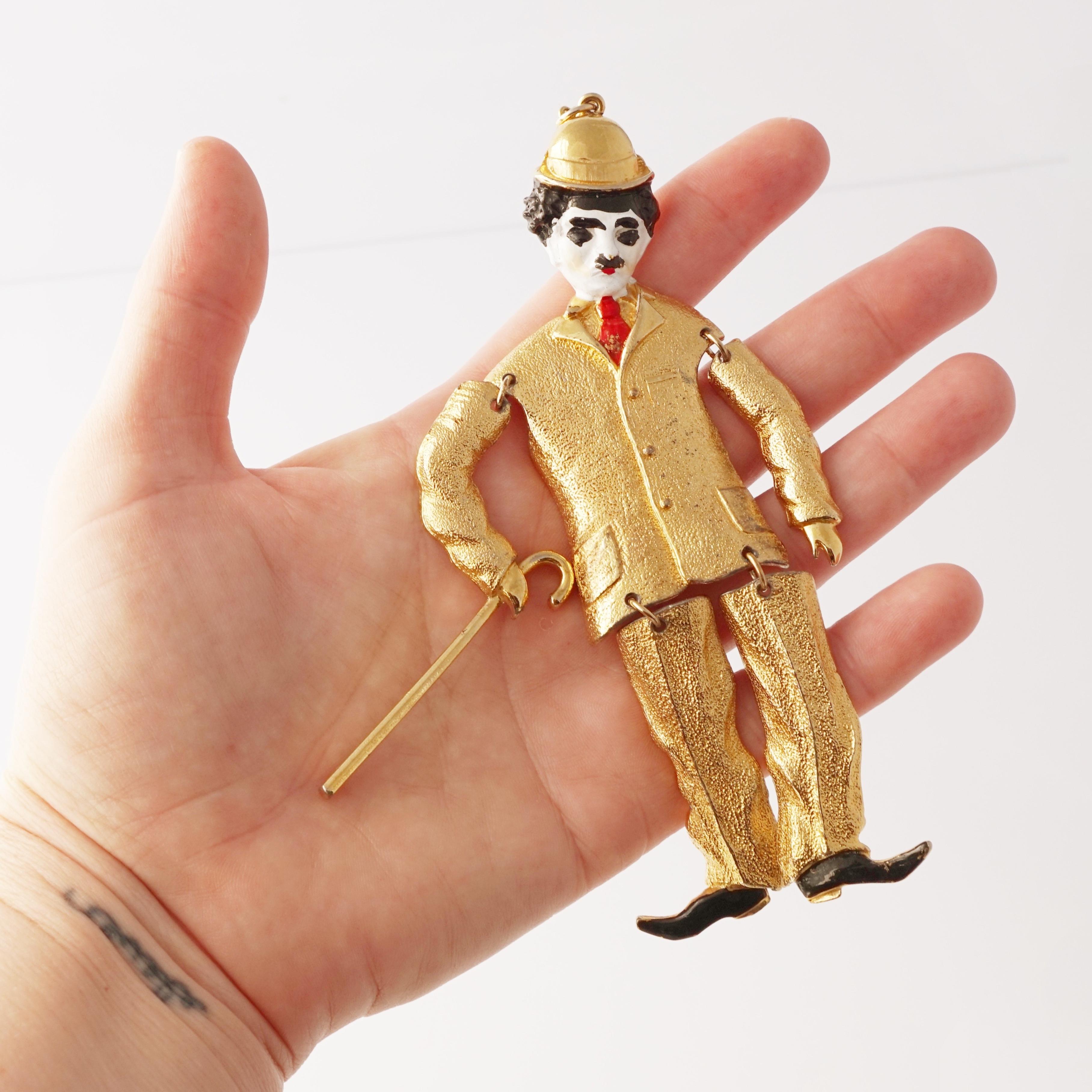 Gold Articulated Charlie Chaplin Pendant Necklace, 1970s In Good Condition For Sale In McKinney, TX