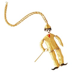 Gold Articulated Charlie Chaplin Pendant Necklace, 1970s