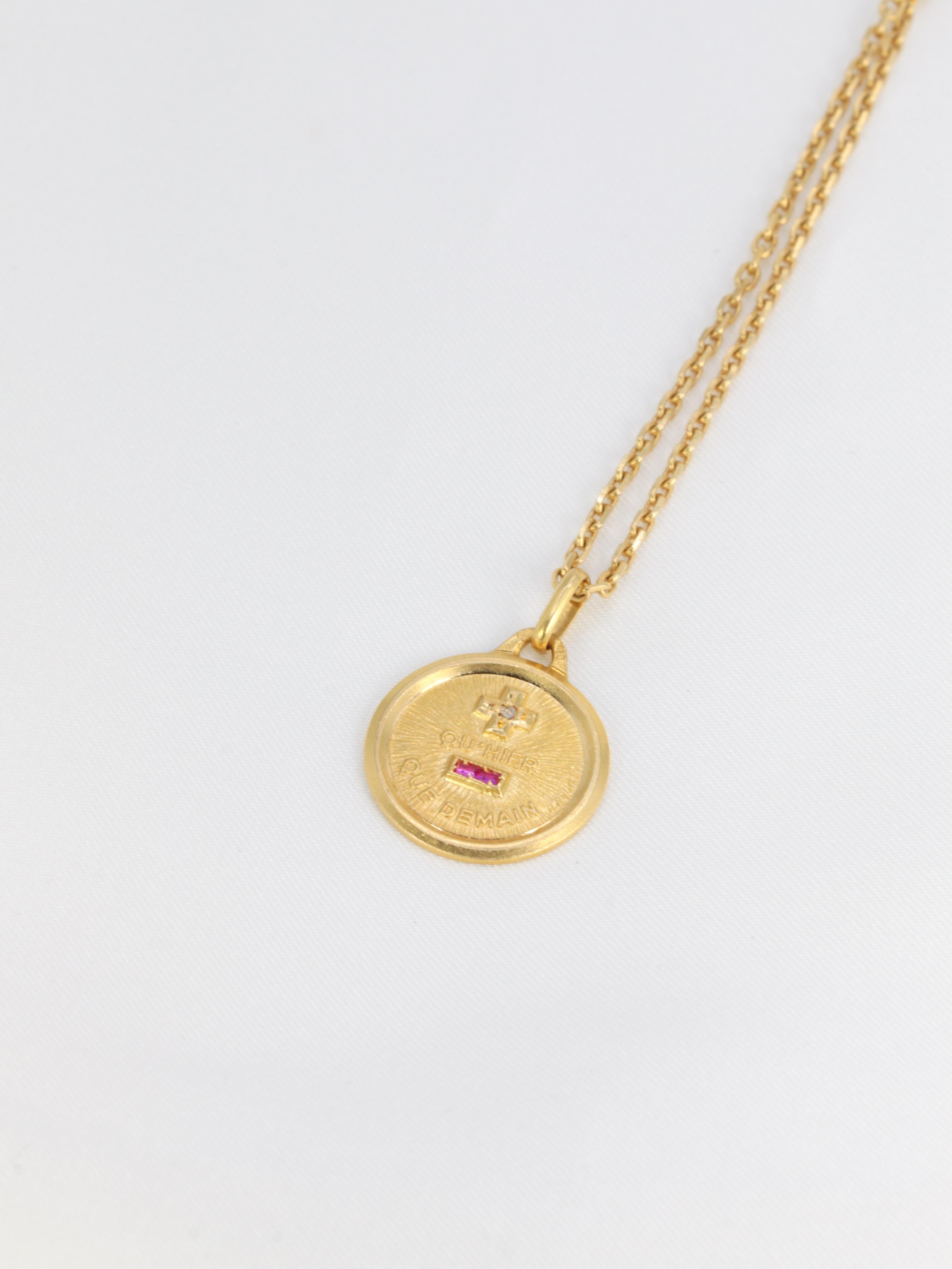 Baguette Cut Gold Augis Love Medal Plus Hier Moins Demain Set with Diamond and Ruby, ca 1970