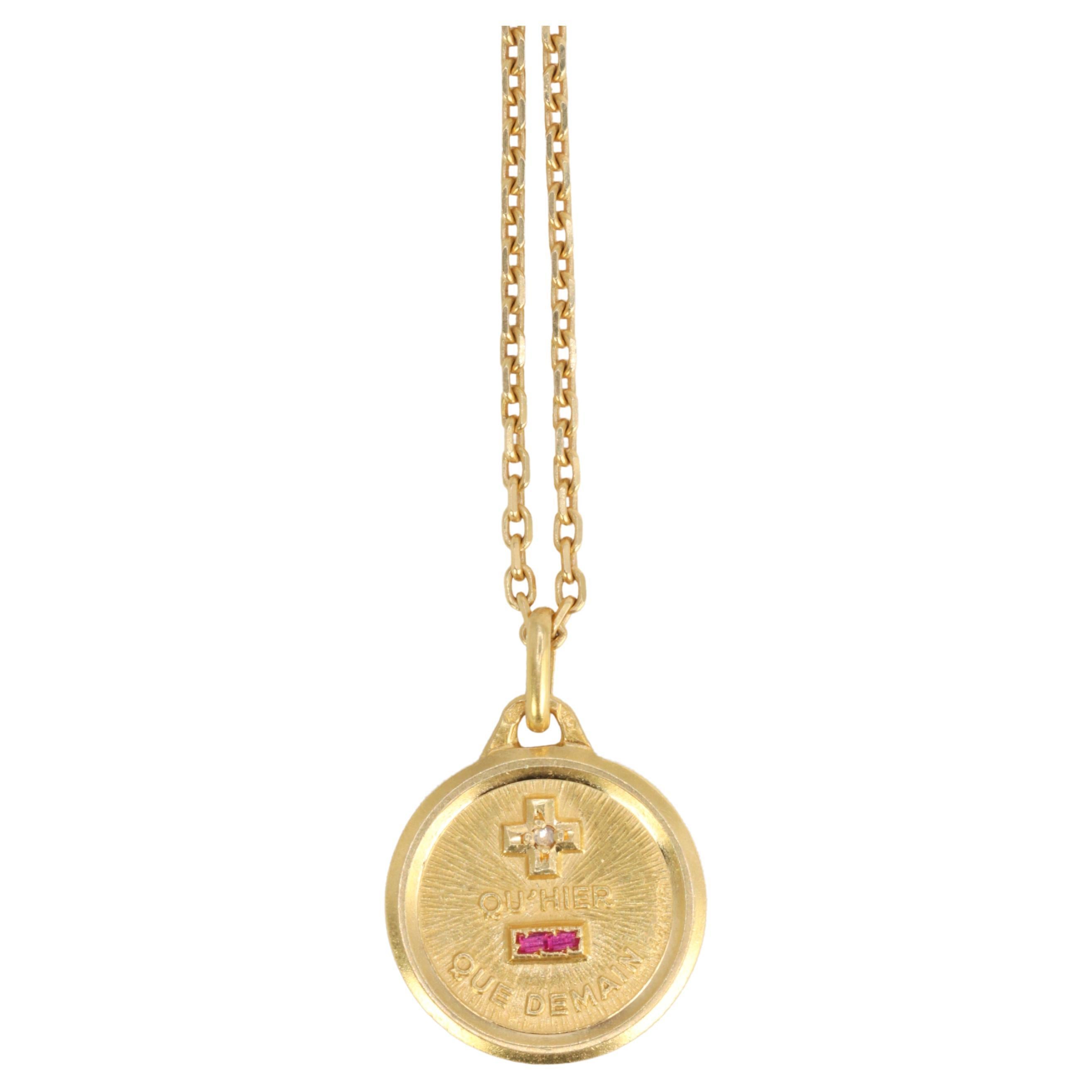 Gold Augis Love Medal Plus Hier Moins Demain Set with Diamond and Ruby, ca 1970