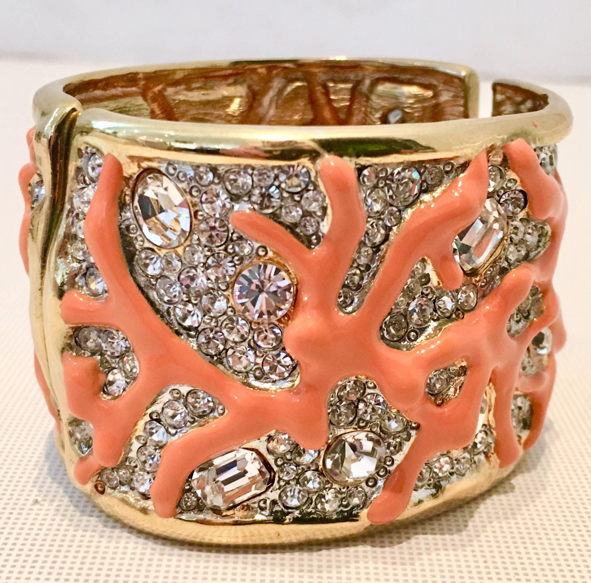 Gold Austrian Crystal & Enamal Coral Branch Cuff Bracelet By, Kenneth Jay Lane In Good Condition For Sale In West Palm Beach, FL