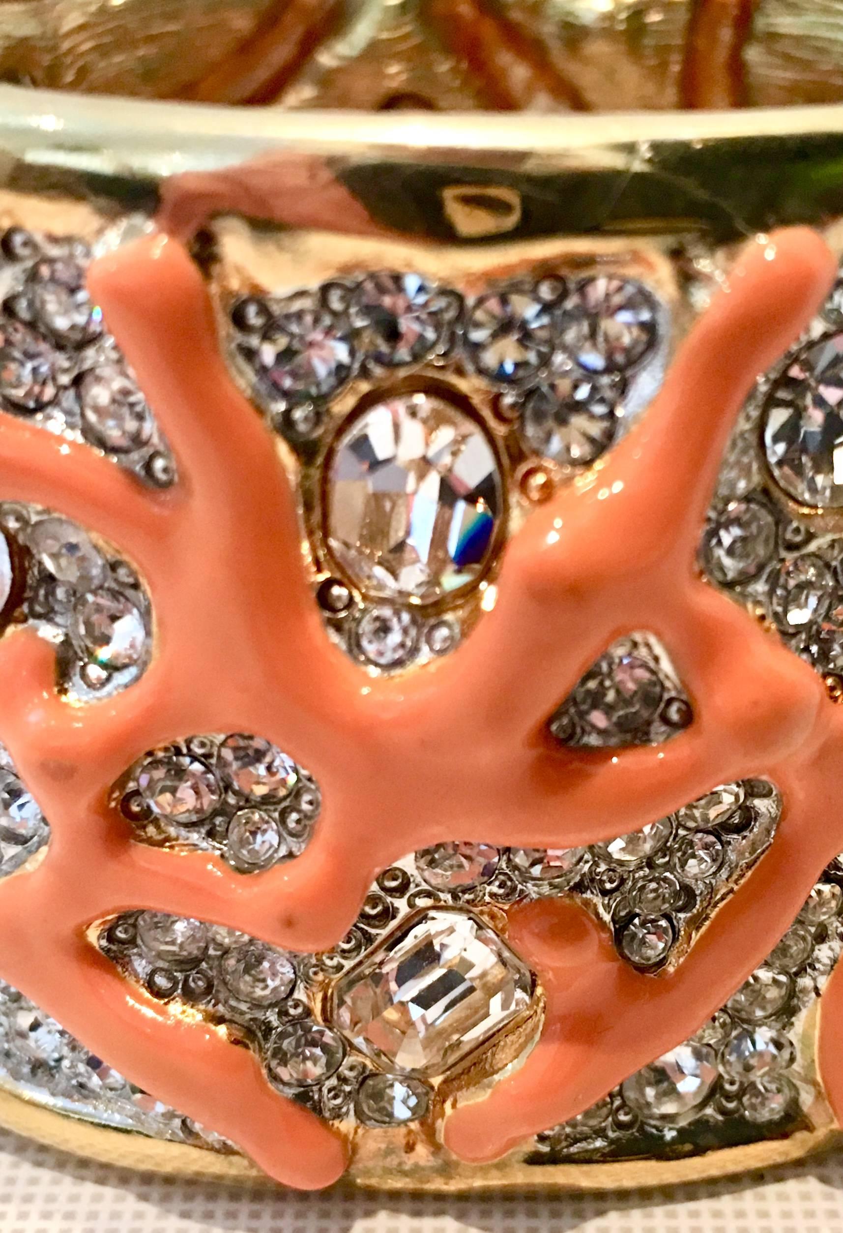 Gold Austrian Crystal & Enamal Coral Branch Cuff Bracelet By, Kenneth Jay Lane For Sale 1