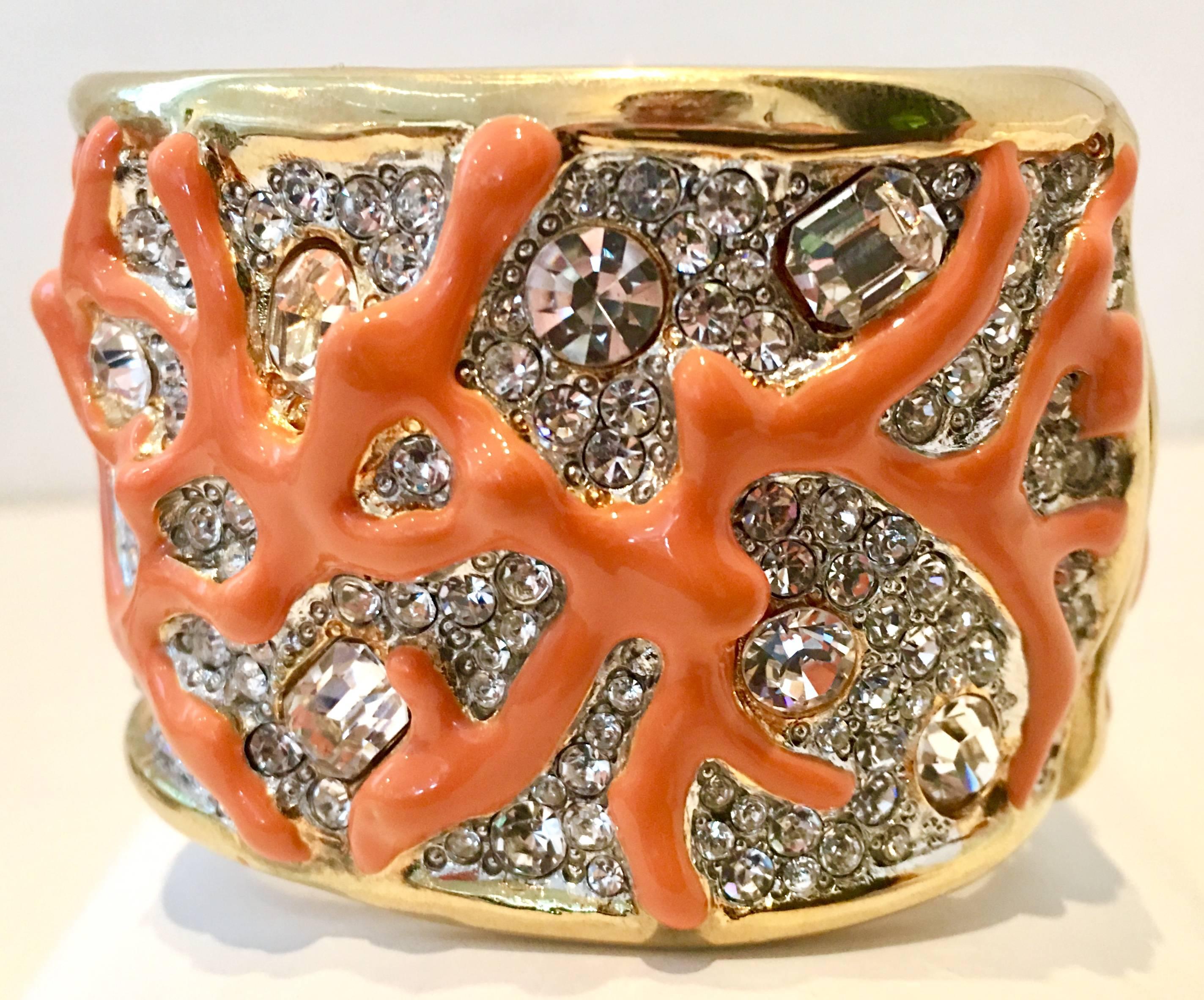 Modern Gold Austrian Crystal & Enamal Coral Branch Cuff Bracelet By, Kenneth Jay Lane For Sale