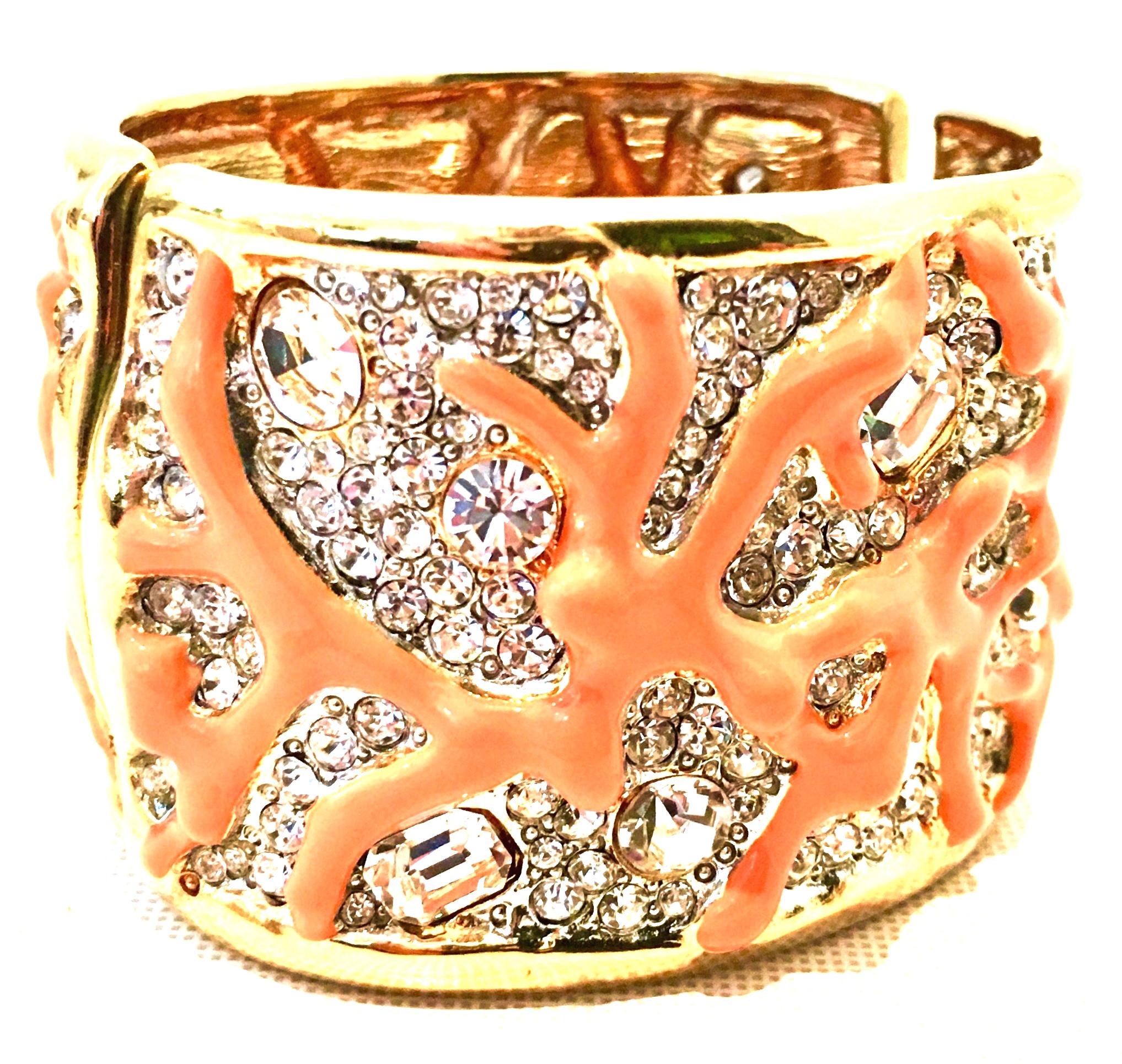 Modern Gold Austrian Crystal & Enamal Coral Branch Cuff Bracelet By, Kenneth Jay Lane For Sale