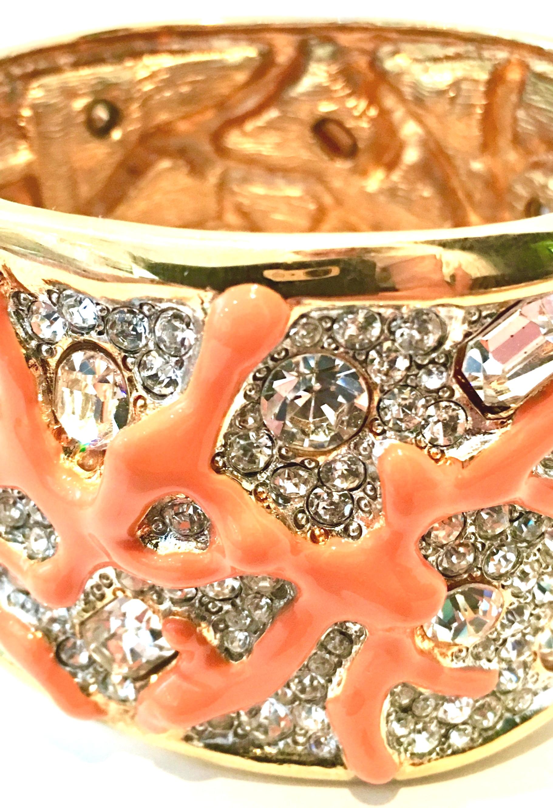 Women's or Men's Gold Austrian Crystal & Enamal Coral Branch Cuff Bracelet By, Kenneth Jay Lane