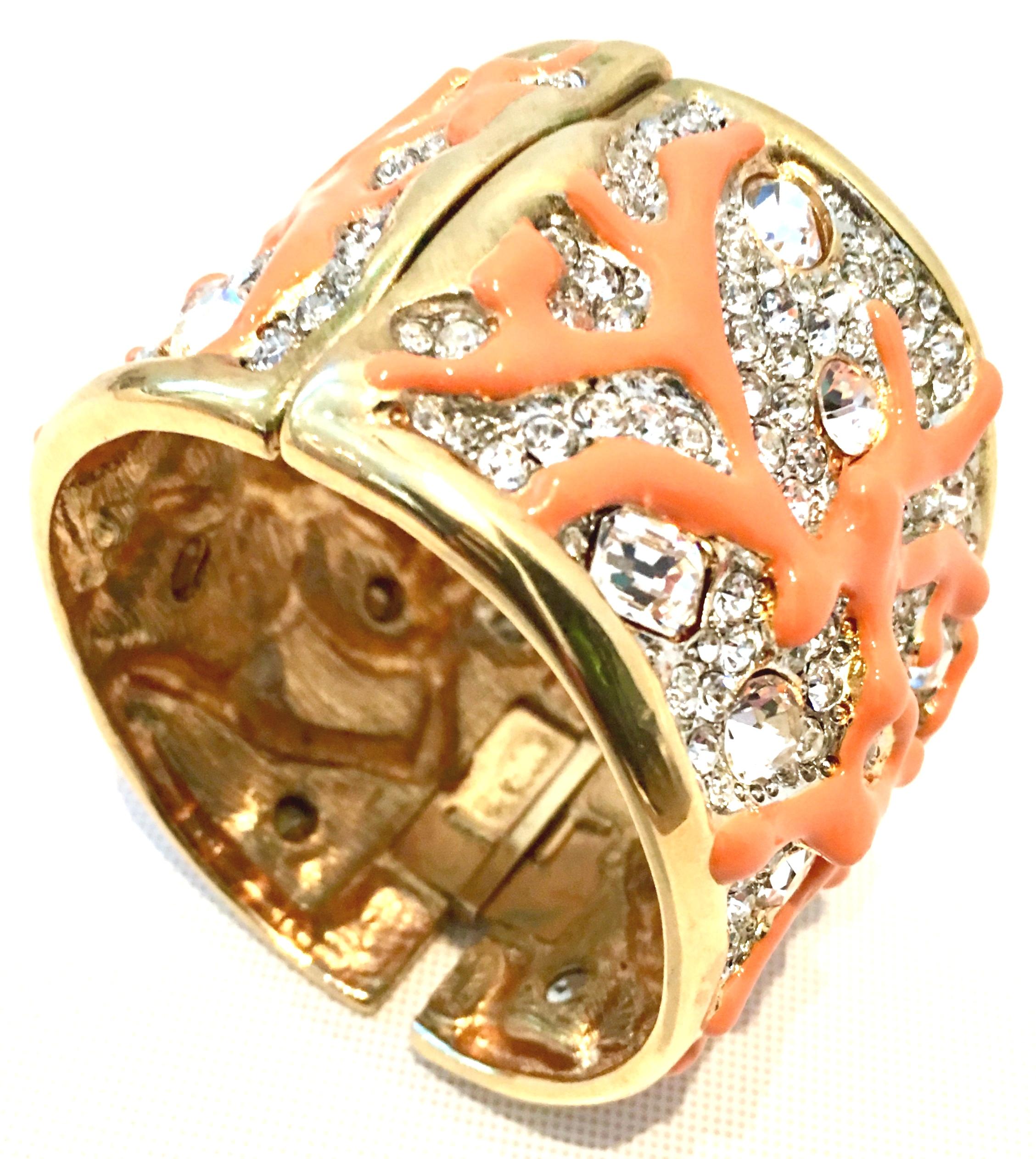 Women's or Men's Gold Austrian Crystal & Enamal Coral Branch Cuff Bracelet By, Kenneth Jay Lane For Sale