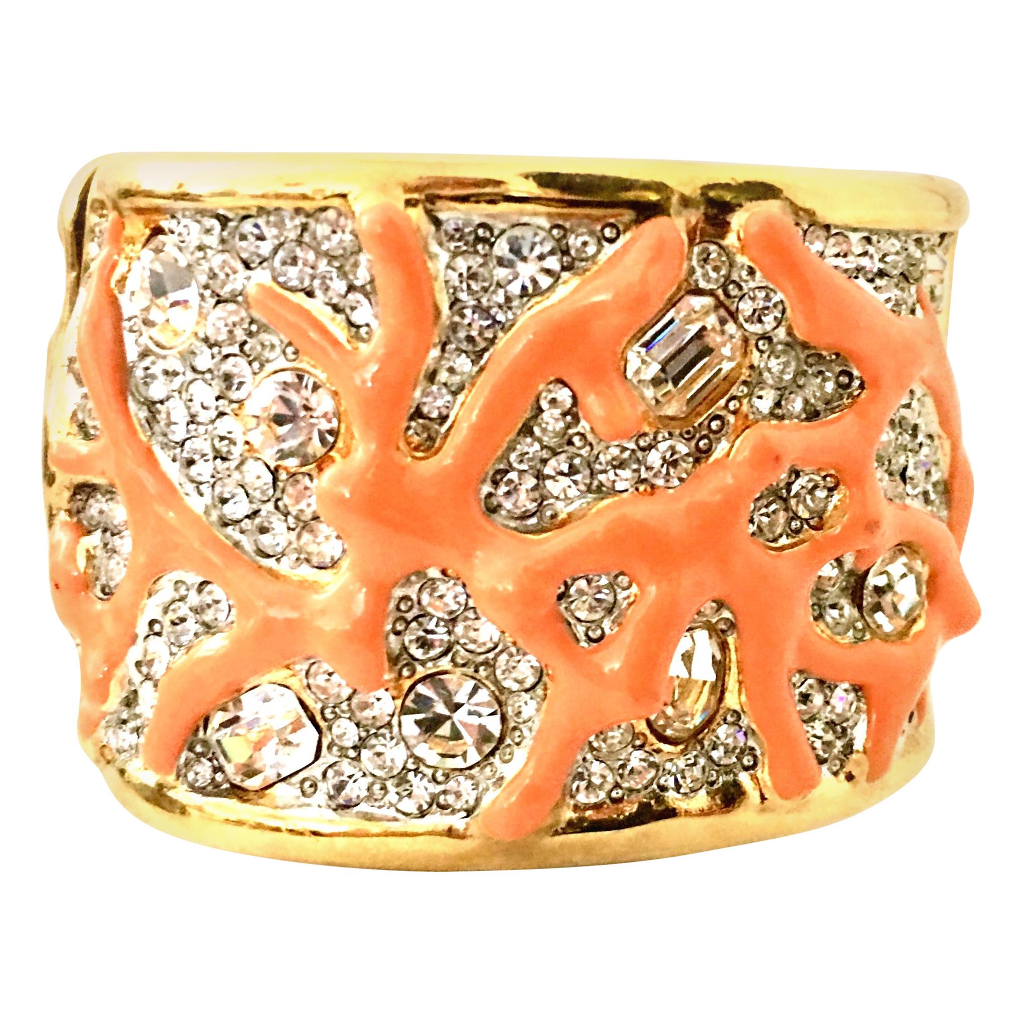 Gold Austrian Crystal & Enamal Coral Branch Cuff Bracelet By, Kenneth Jay Lane