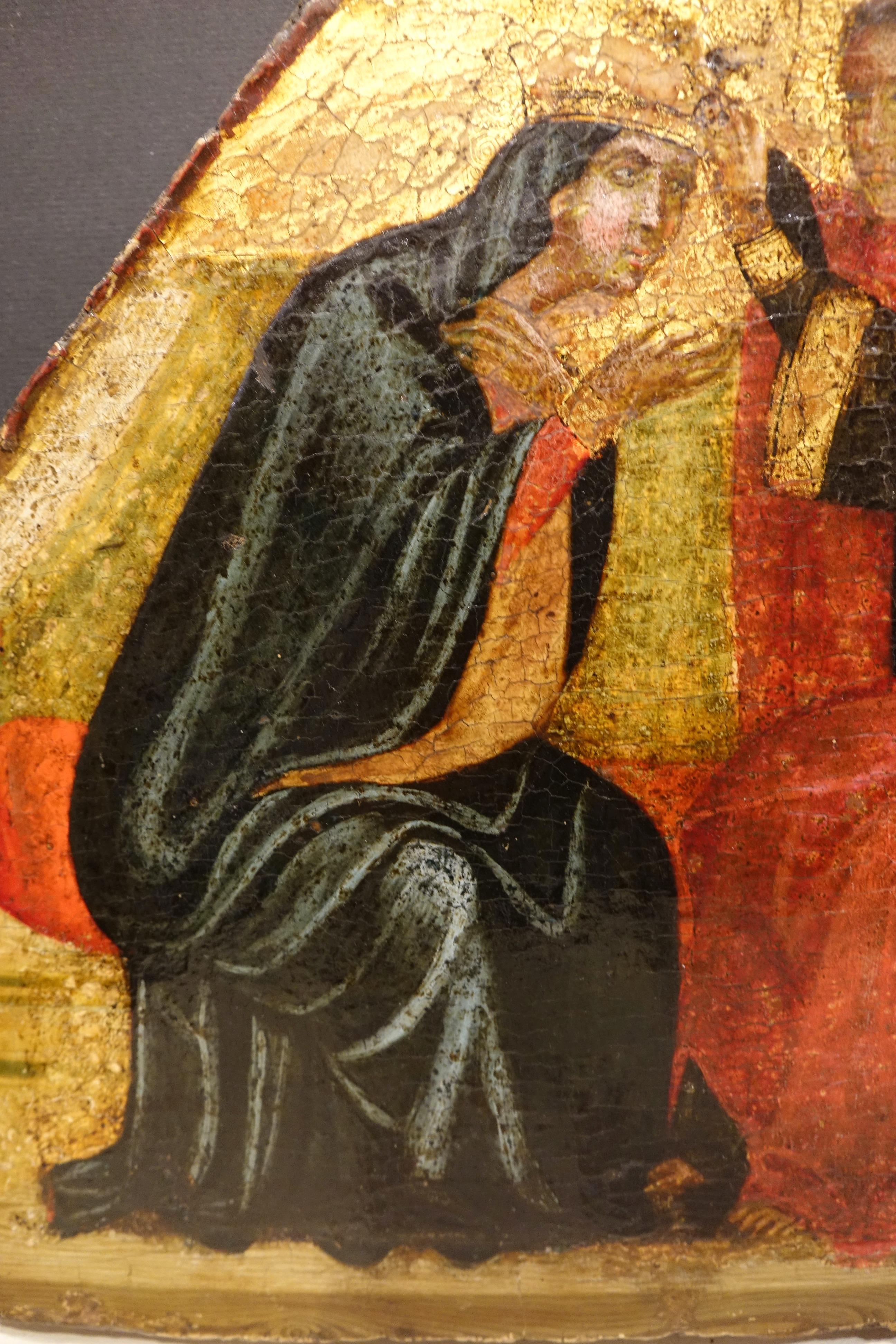 Gold Background, Coronation of the Virgin. 14th century.
Venetian work, point of polyptych, tempera and gold on reinforced poplar panel,.Surroundings of Lorenzo Veneziano (1336_1379) 
  35.3 x 30 x 1.  cm

Lorenzo Veneziano ('Lorenzo the Venetian')