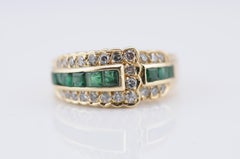 Gold Band Ring with Emeralds and Diamonds 14k Yellow Gold
