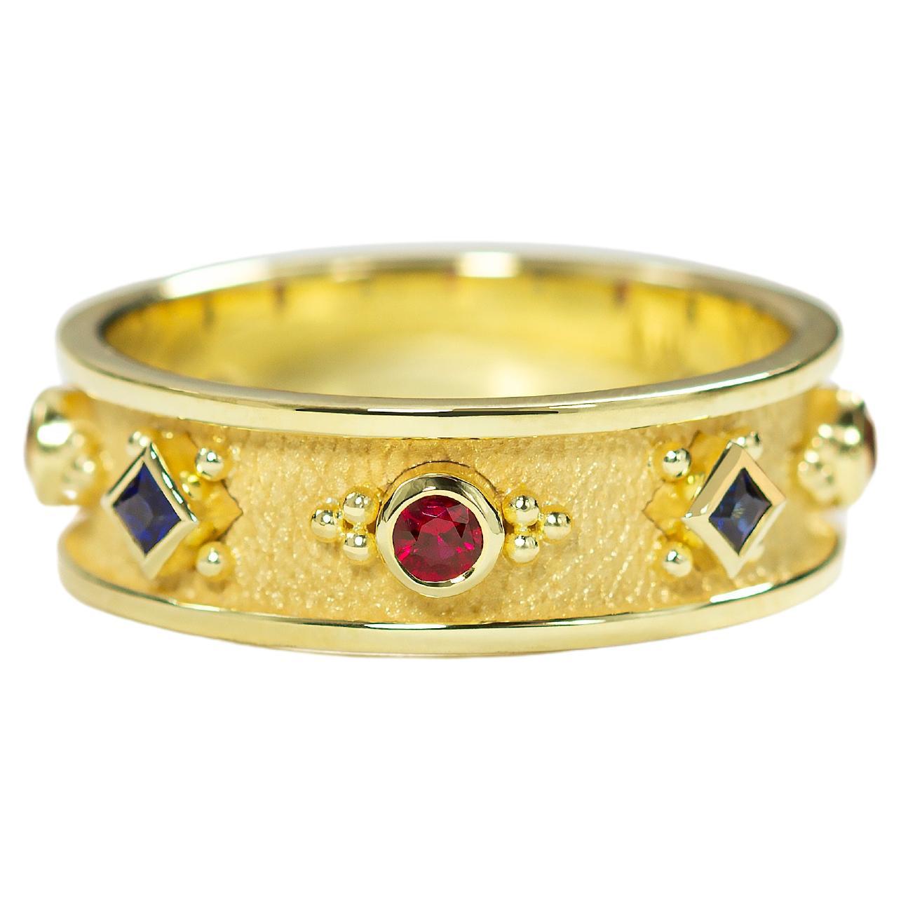 Gold Band Ring with Rubies and Sapphires For Sale